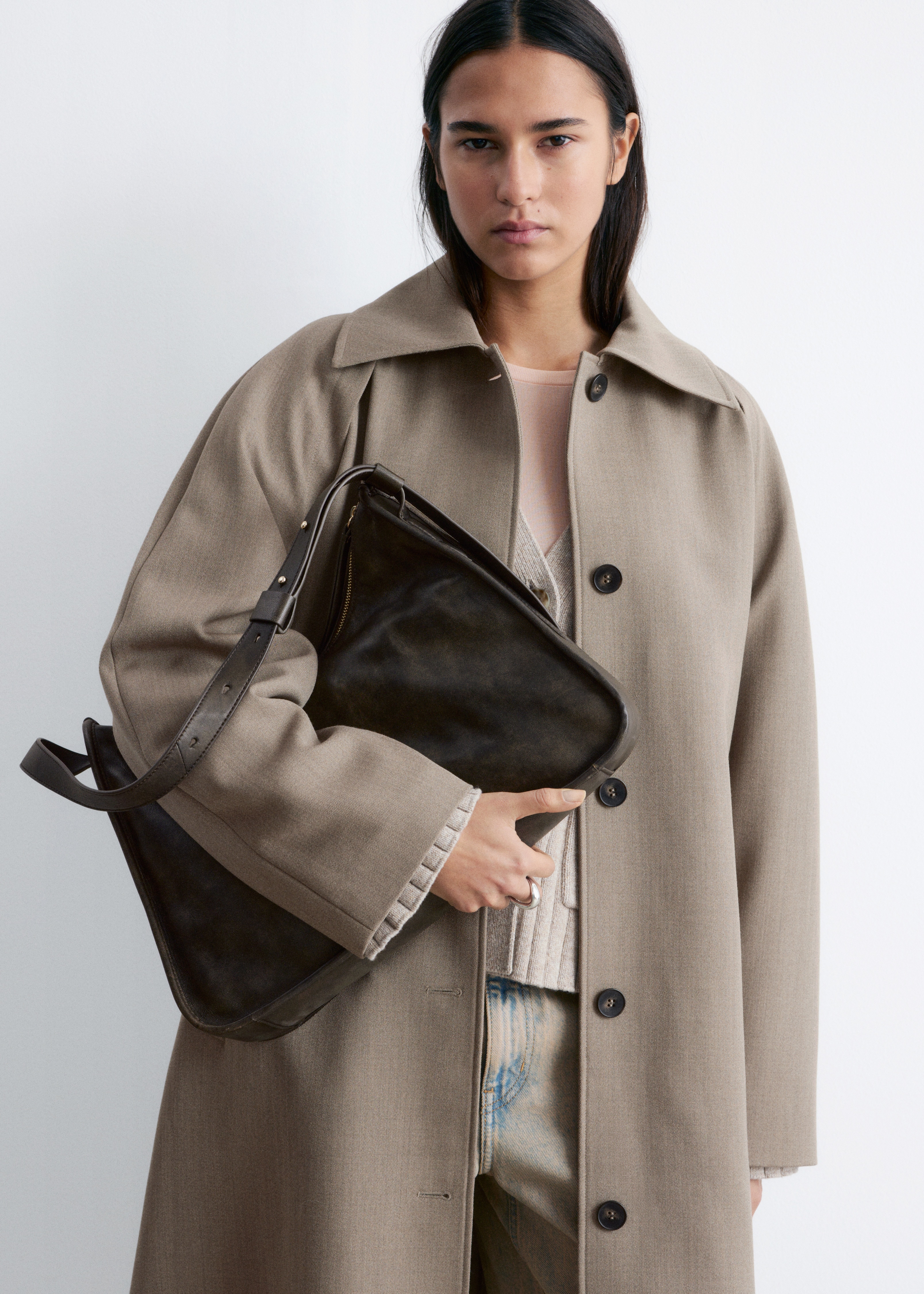 Totebag i læder - Mørkegrå/Sort