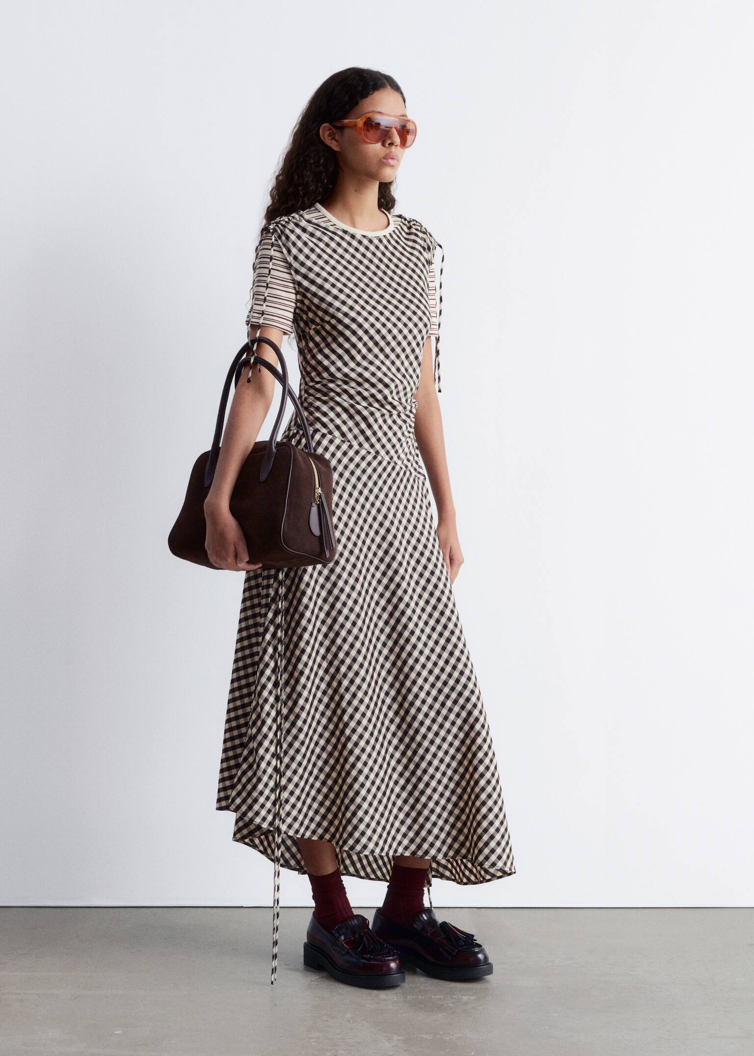 Asymmetric Boatneck Midi Dress - Dark Brown/White