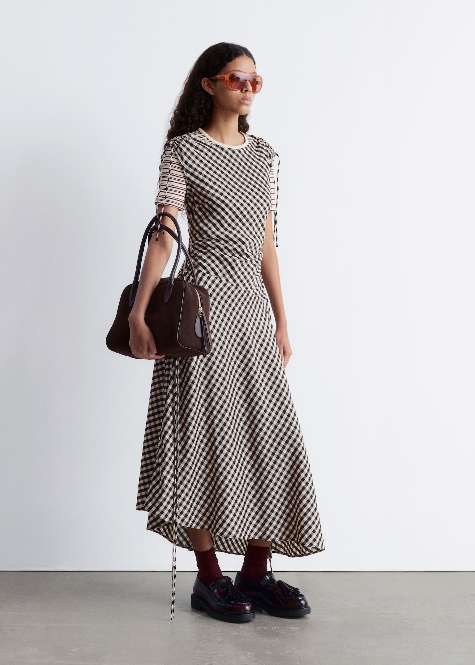 Asymmetric Boatneck Midi Dress - Dark Brown/White