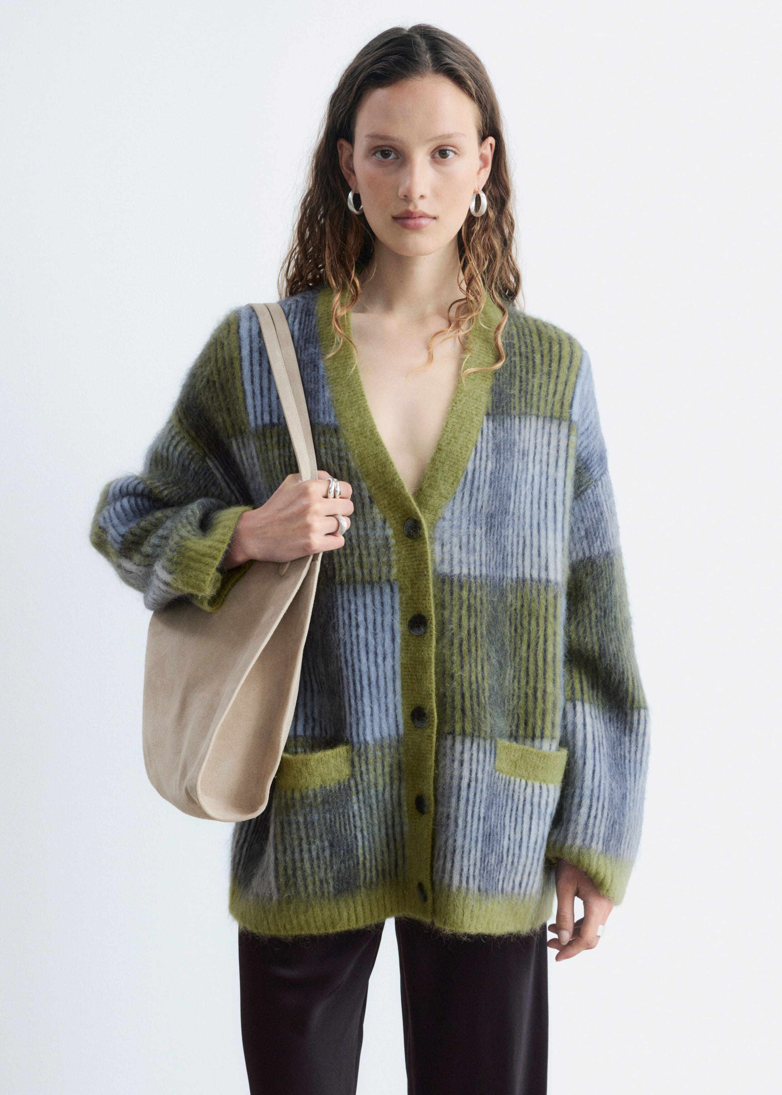 Cardigan i mohairblandning – Grön/flerfärgad – stilleben