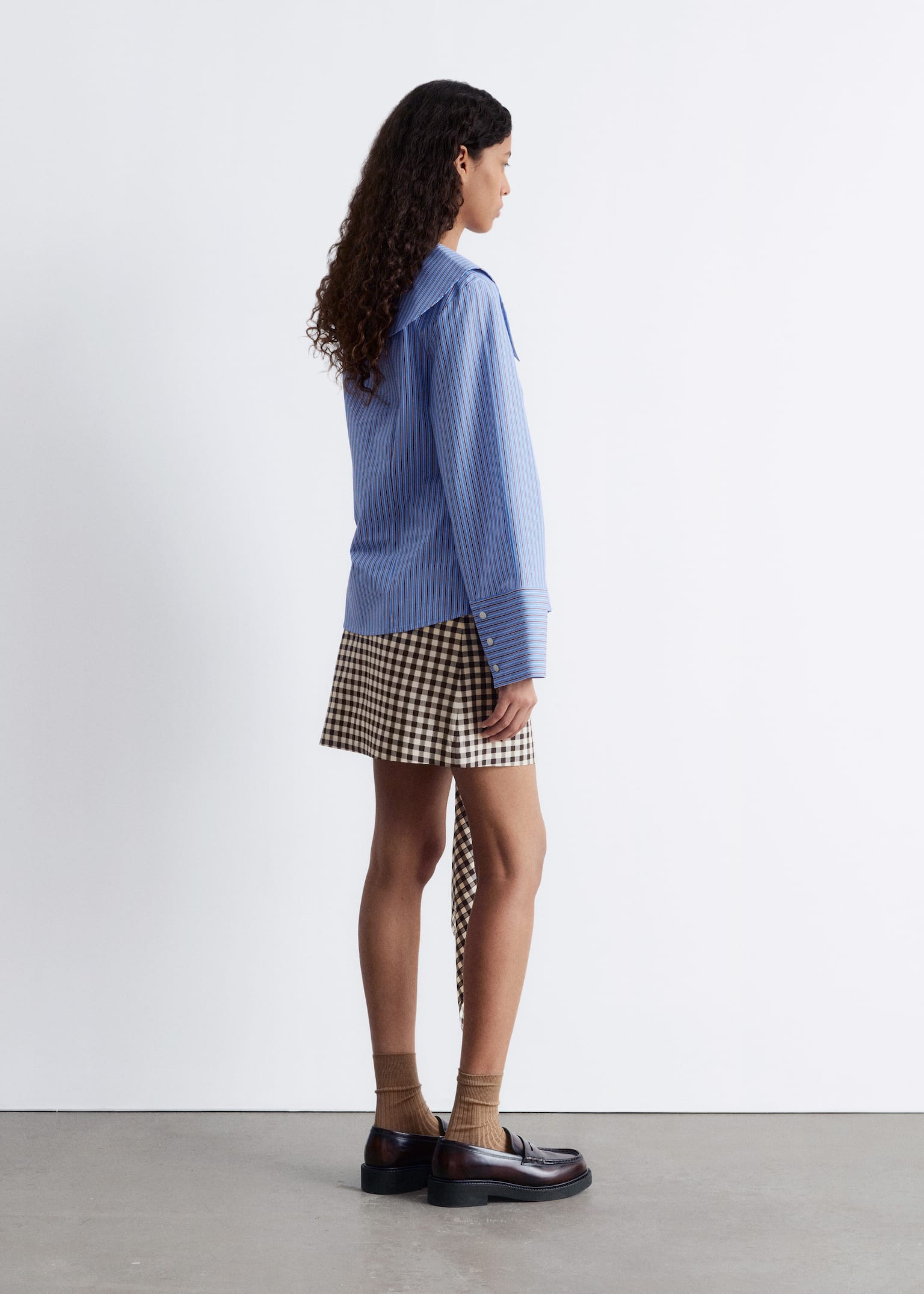 Oversized Collar Striped Shirt - Blue/Brown Stripes - 4
