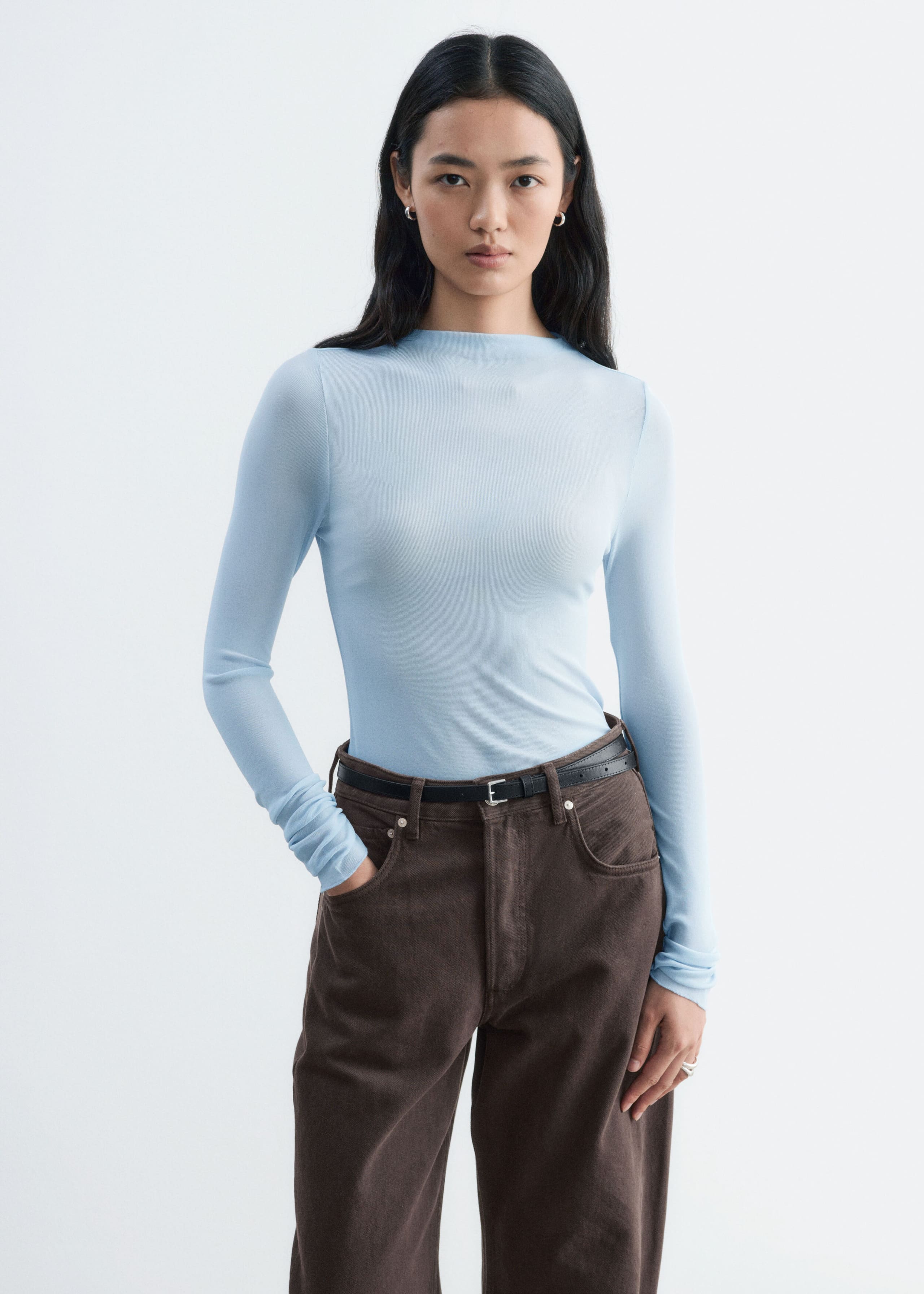 Ribbed Silk Top Light Blue
