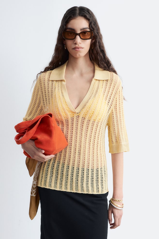 Open-Knit Polo Top - Yellow/White - 1