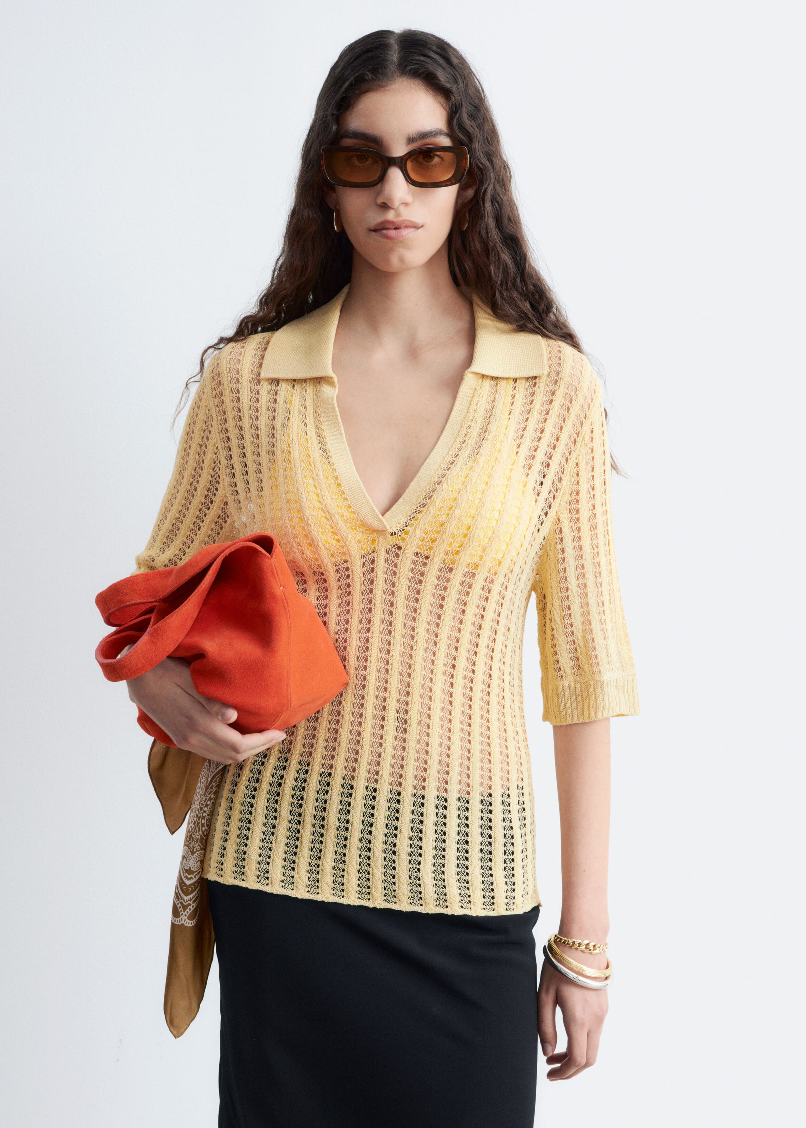 Open-Knit Polo Top - Yellow - Lookbook