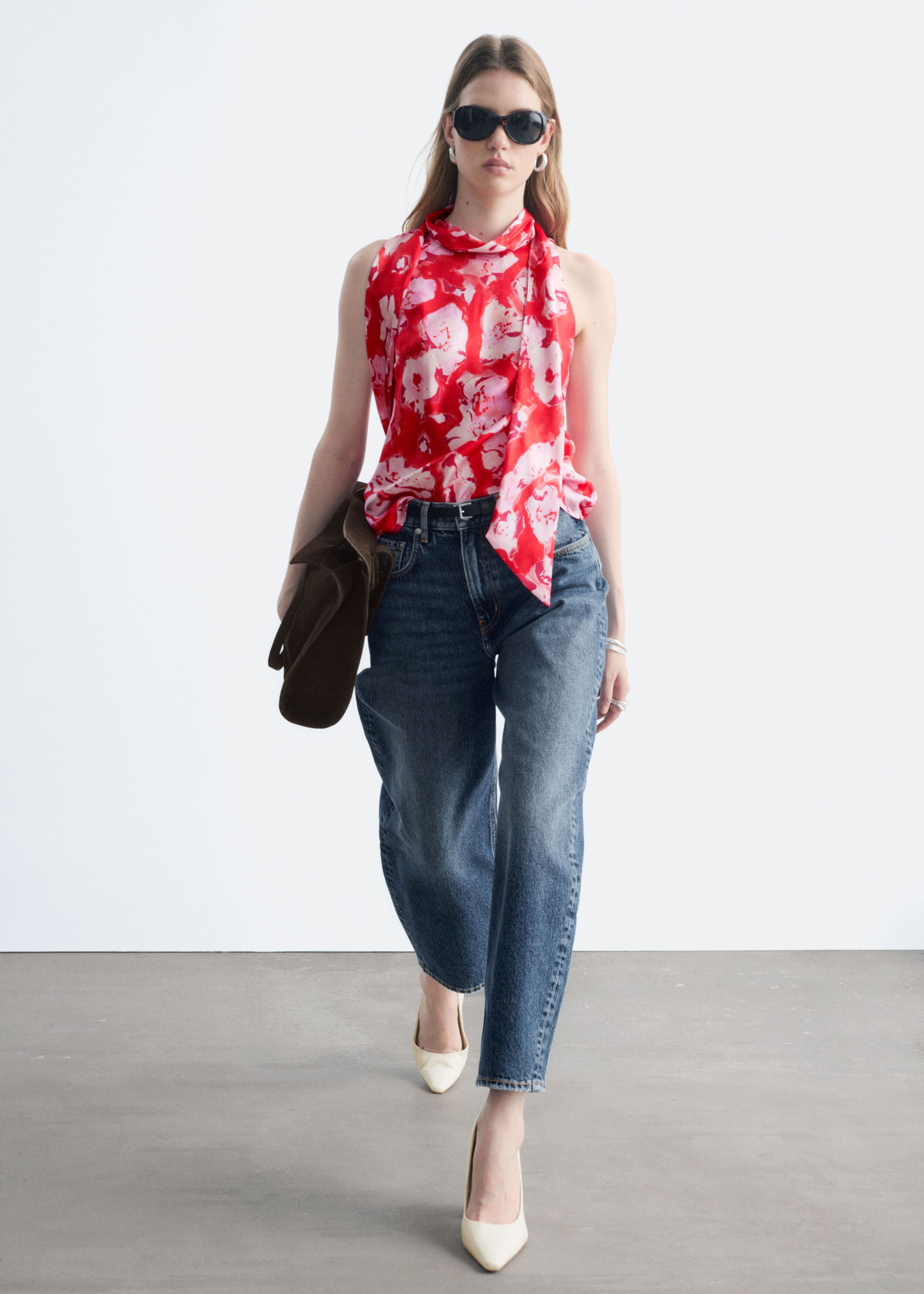 Scarf-Neck Silk Top - Red/Florals - Lookbook