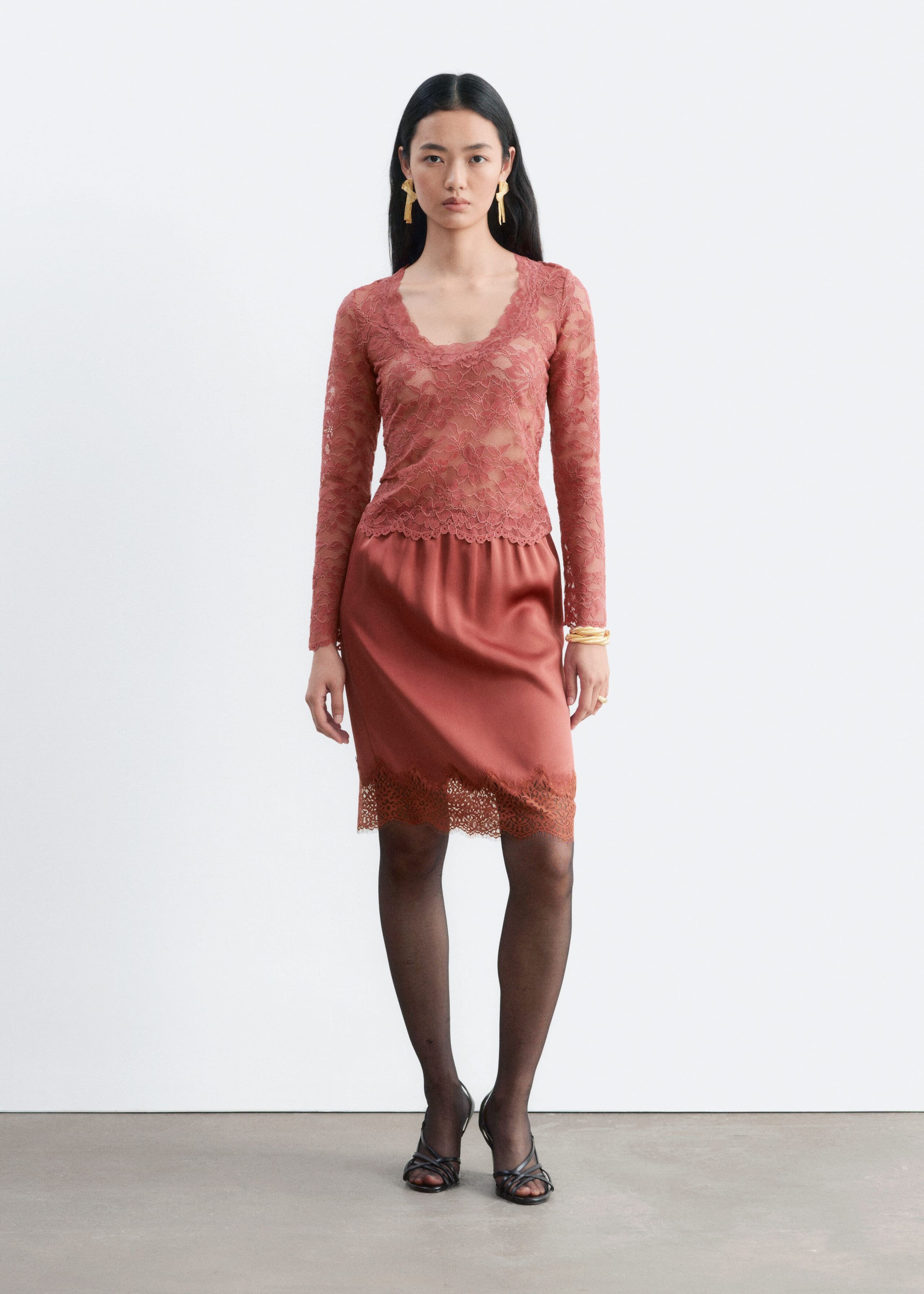 Lace-Trim Satin Skirt Red
