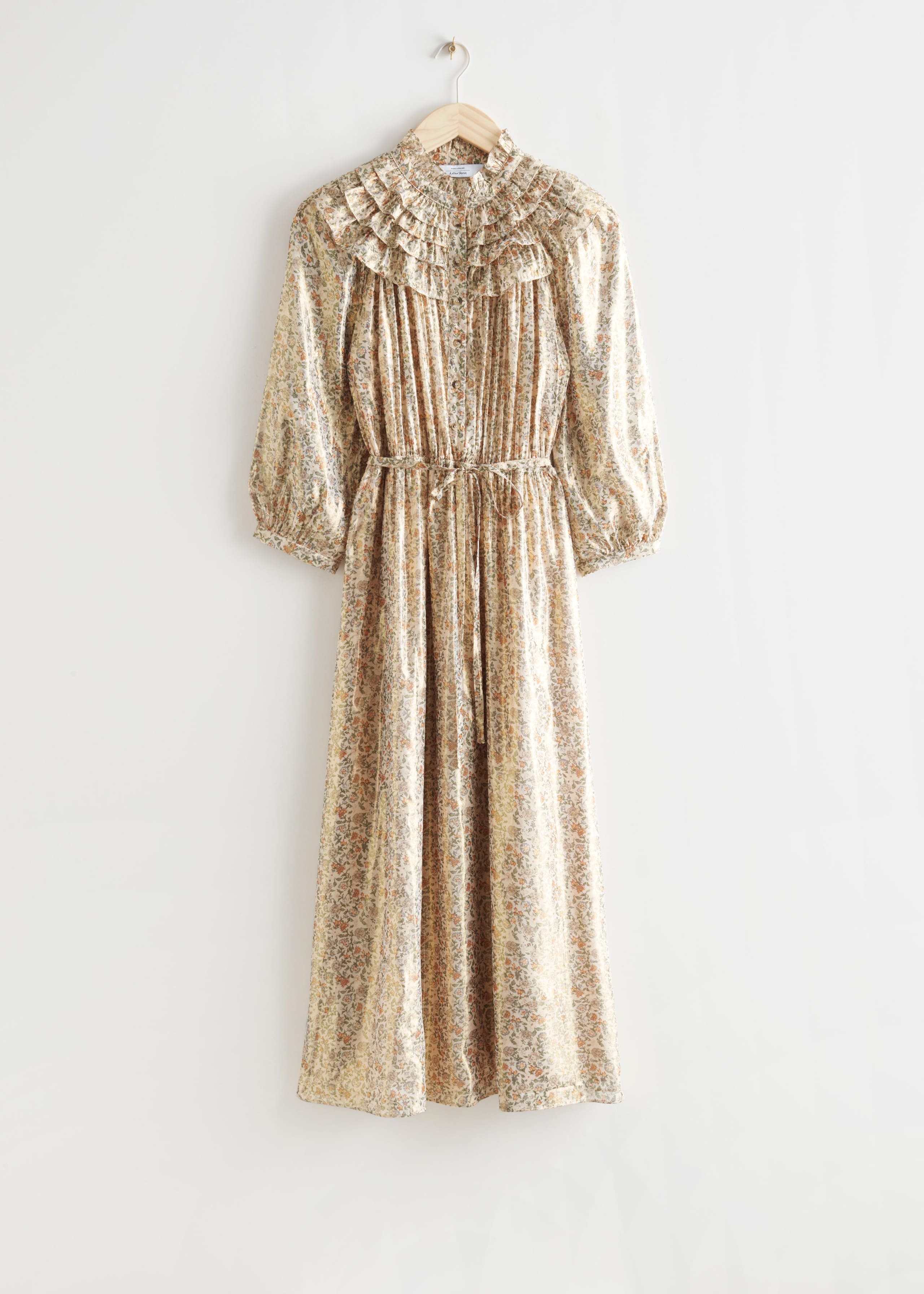 Belted Ruffle Midi Dress - Yellow Print - Bodegón