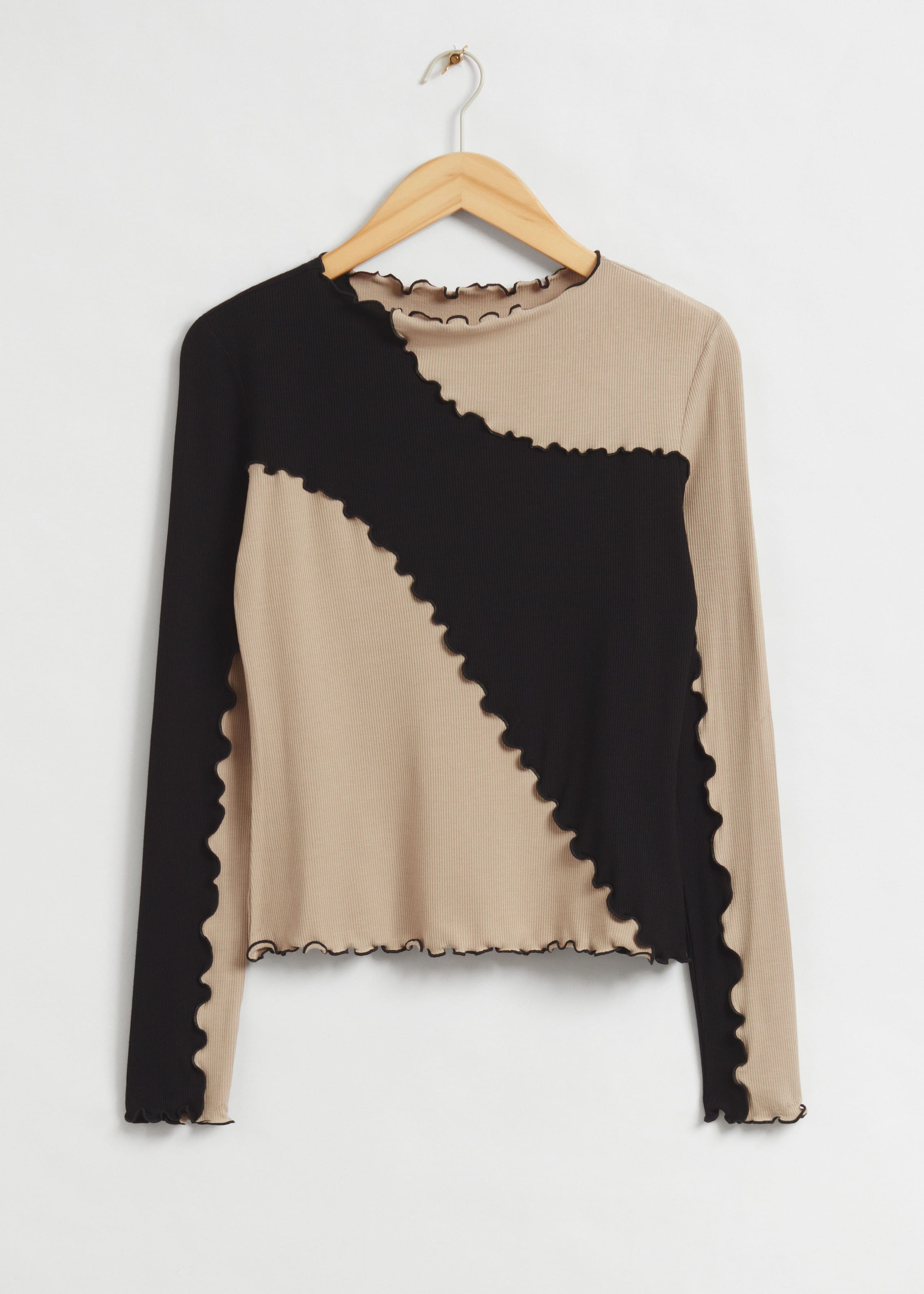 Fitted Frilled Edge Top - Black and Cream Colour-Blocked - Still Life