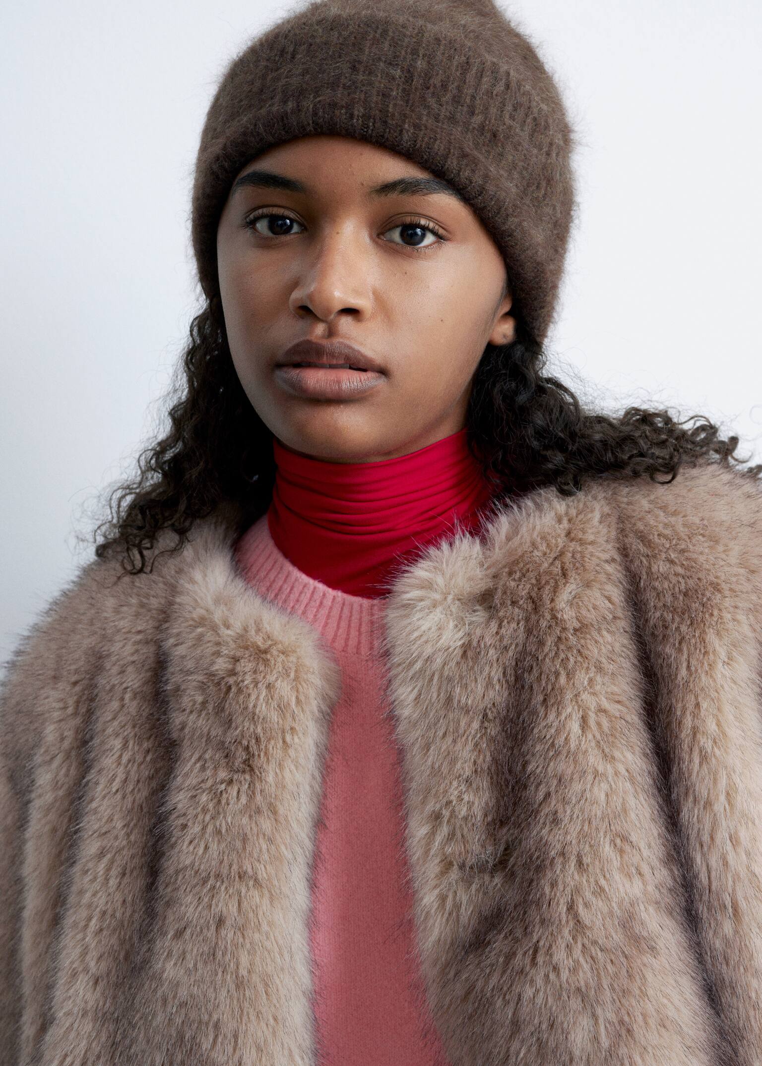 Căciulă din Cașmir Periat - Maro închis/Roz deschis/Maro Ruginiu/Crem - 2