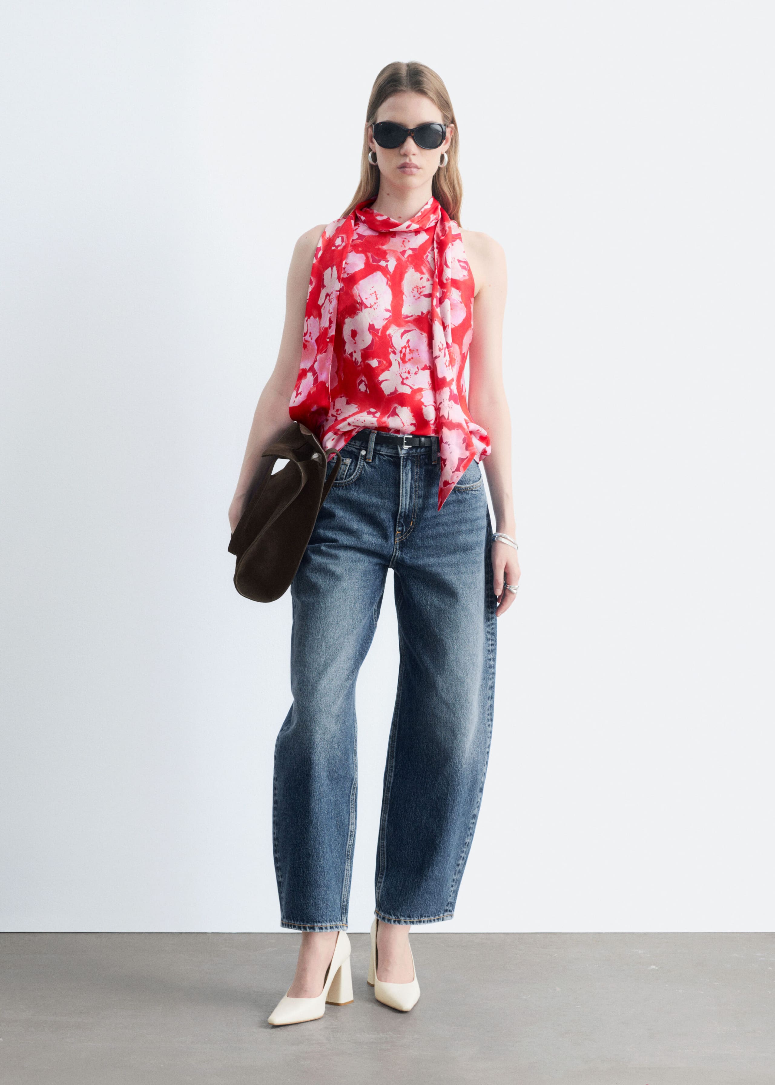 Scarf-Neck Silk Top - Red/Florals - Lookbook