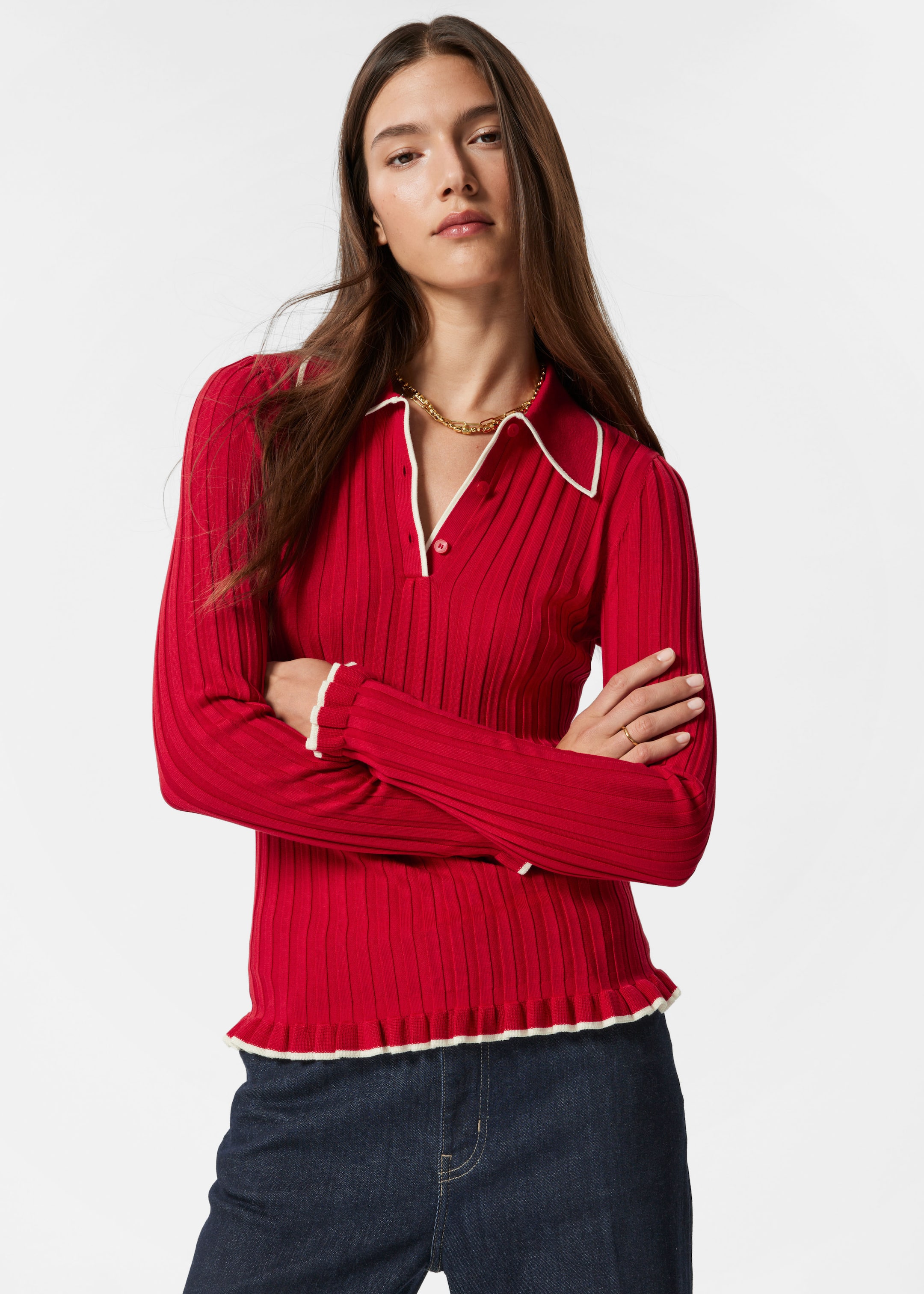 Visa större bild: Ribbstickad pikétröja - Röd - DAM | H&M SE 1
