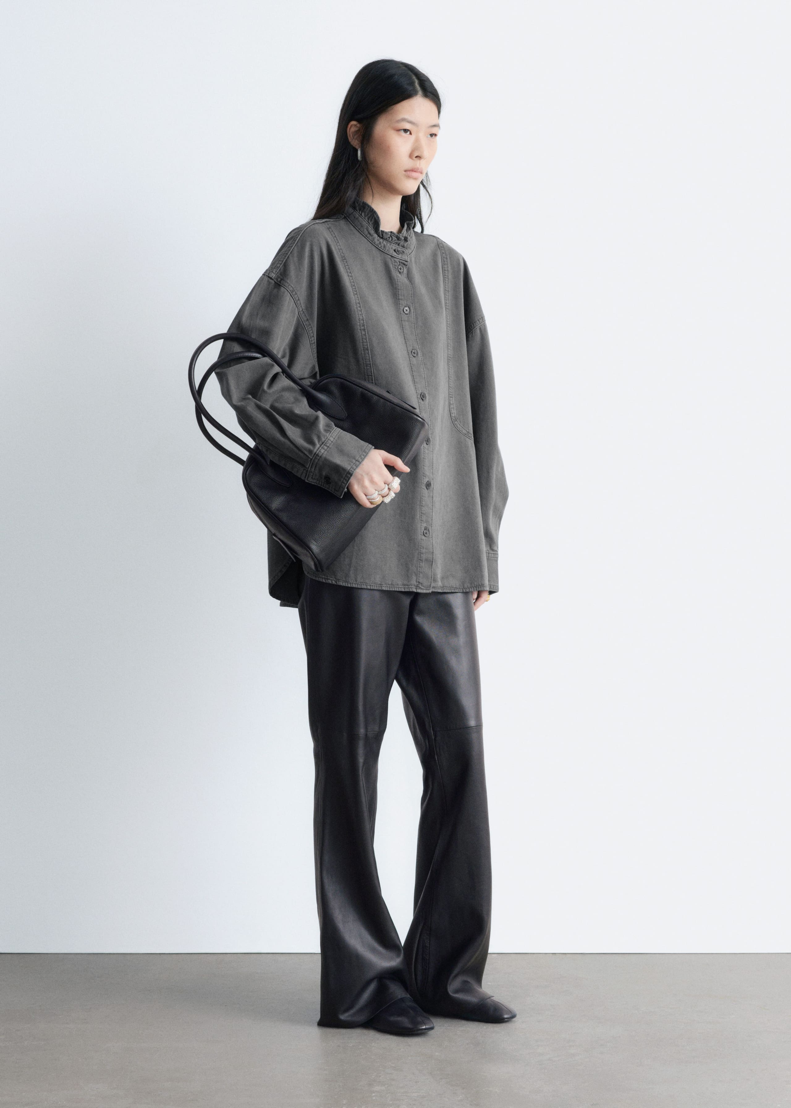 Image of Frill-Collar Denim Blouse