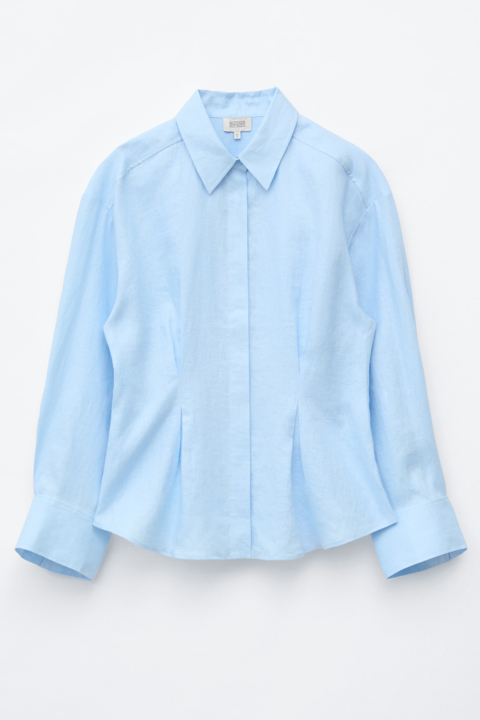 Camisa de linho com cintura plissada - Azul claro/Castanho escuro/Bege claro - 1
