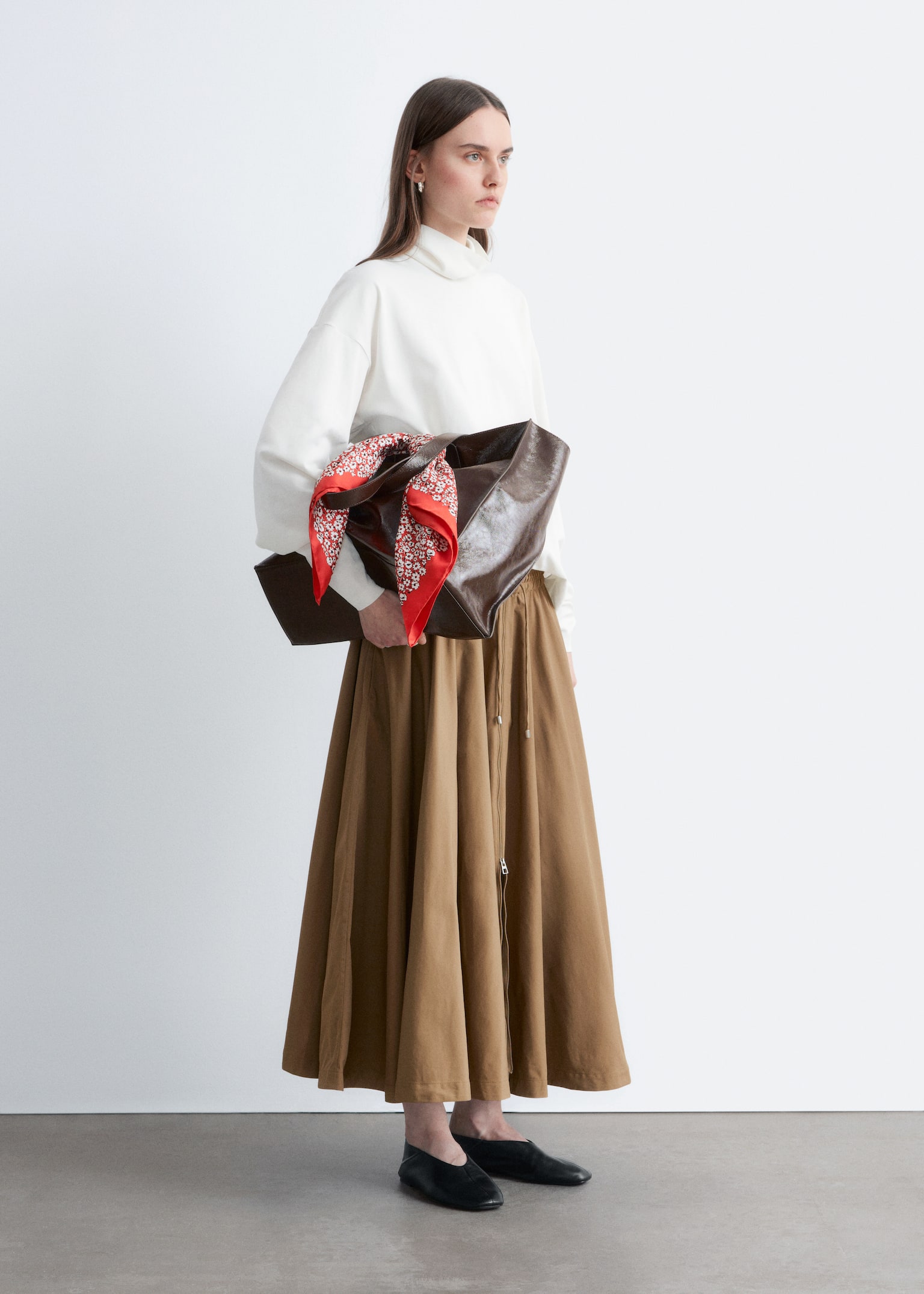 Voluminous Drawstring Midi Skirt - Brown - 6