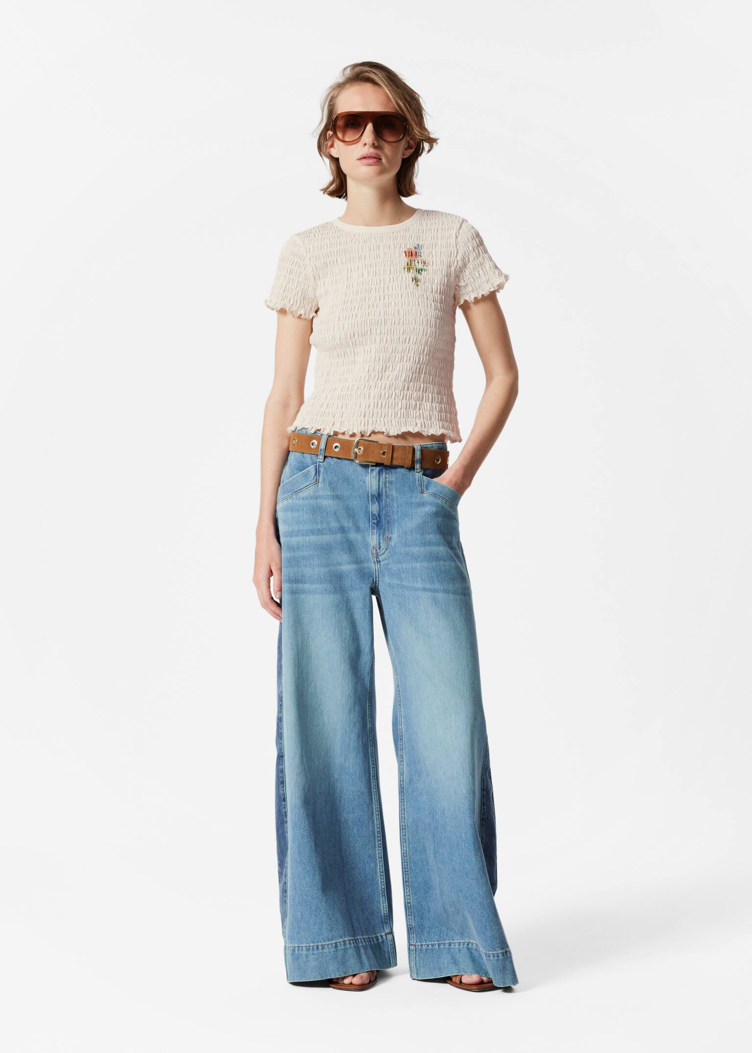 Camiseta fruncida con nido de abeja - Blanco/flor estampada/Naranja - 5