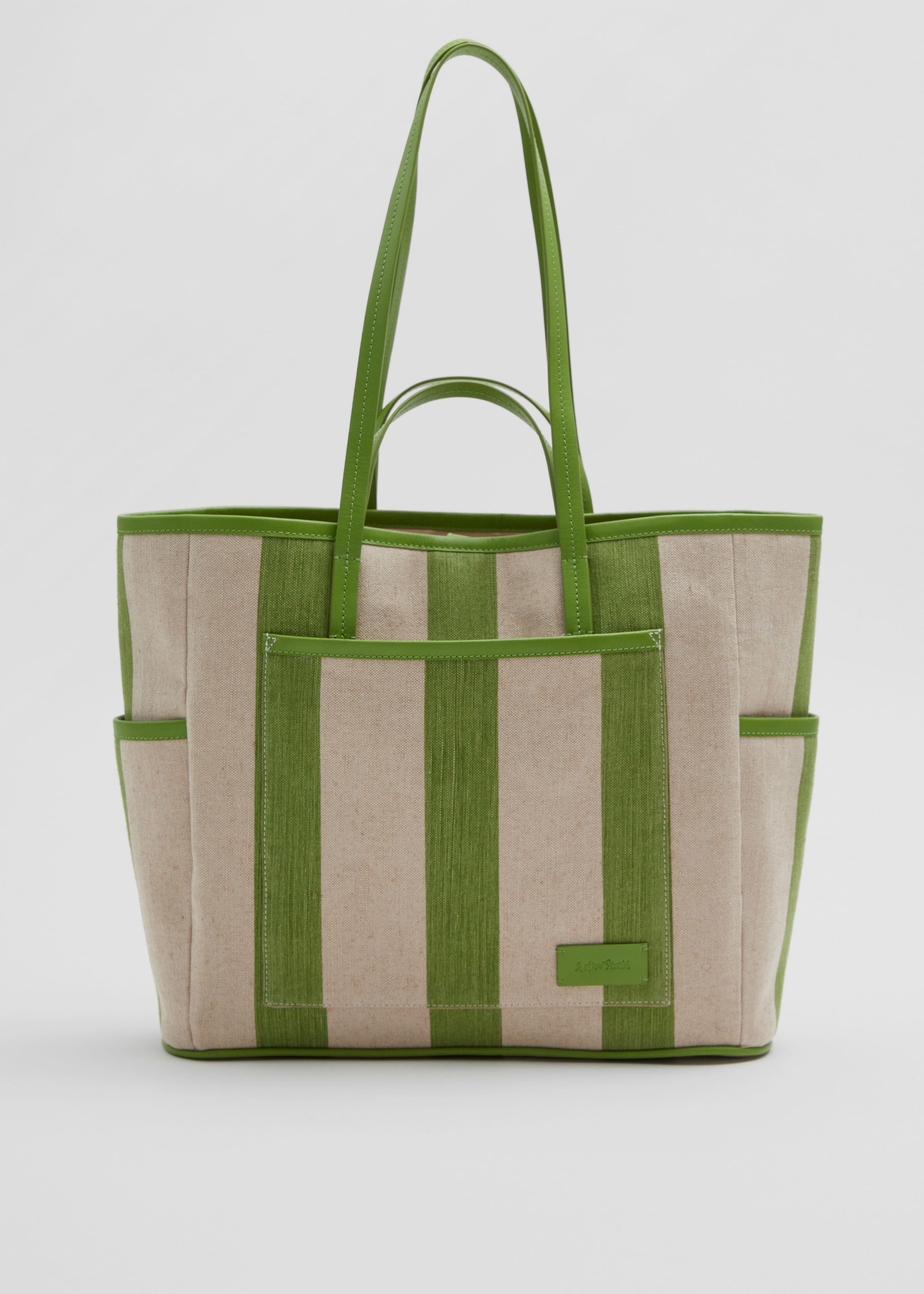 Large Leather Trimmed Canvas Tote - Ecru/Green - Natura morta