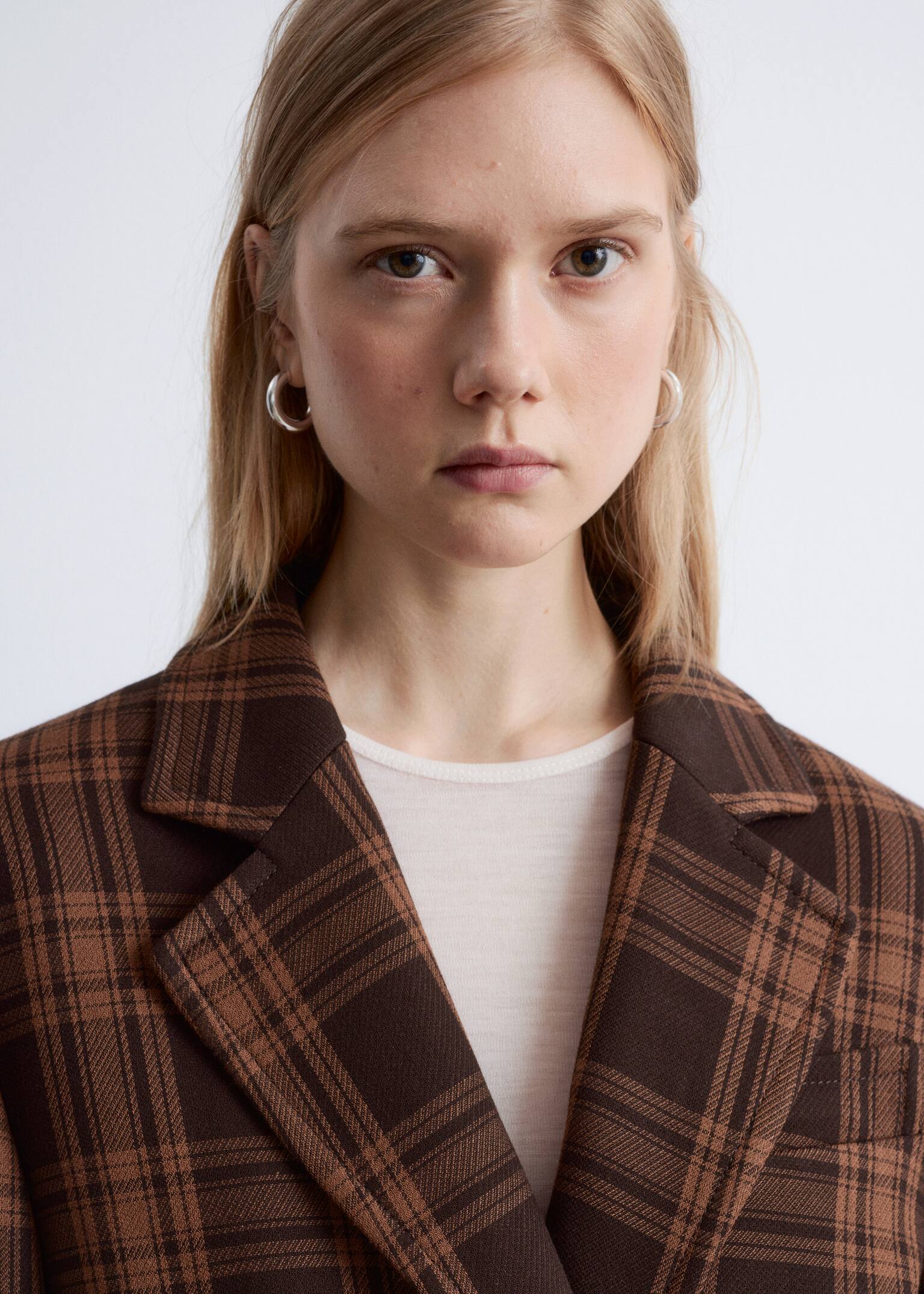 Fitted Shoulder-Pad Blazer - Brown Checked/Dusty Blue - 3