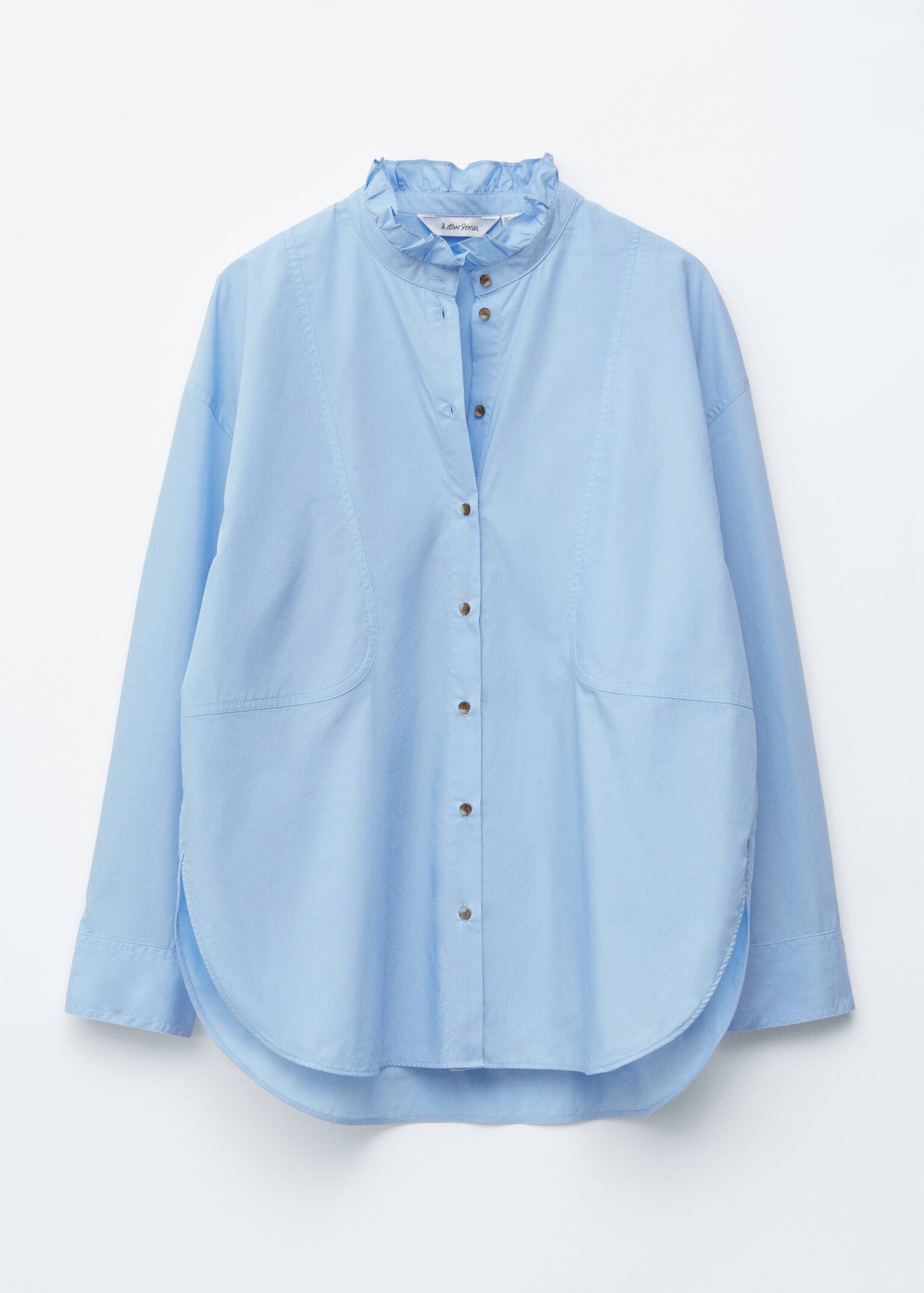 Long Stand-Collar Cotton Shirt - Light Blue/White - 2