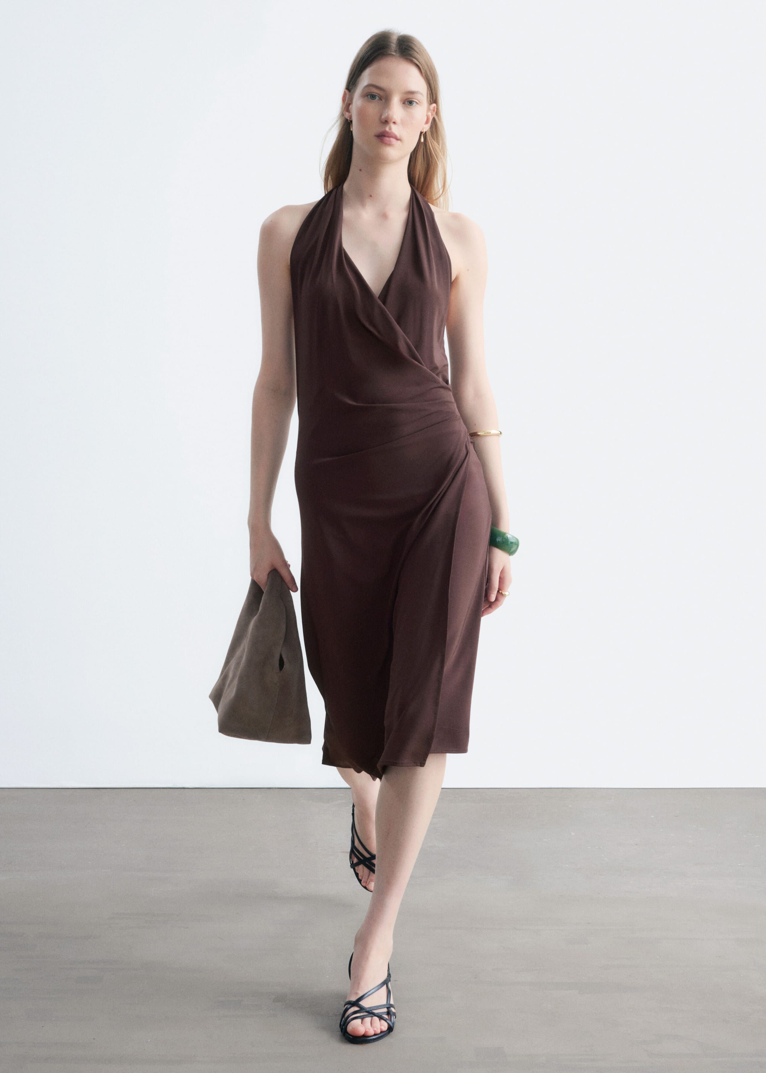Halterneck Jersey Midi Dress - Dark Brown - Lookbook