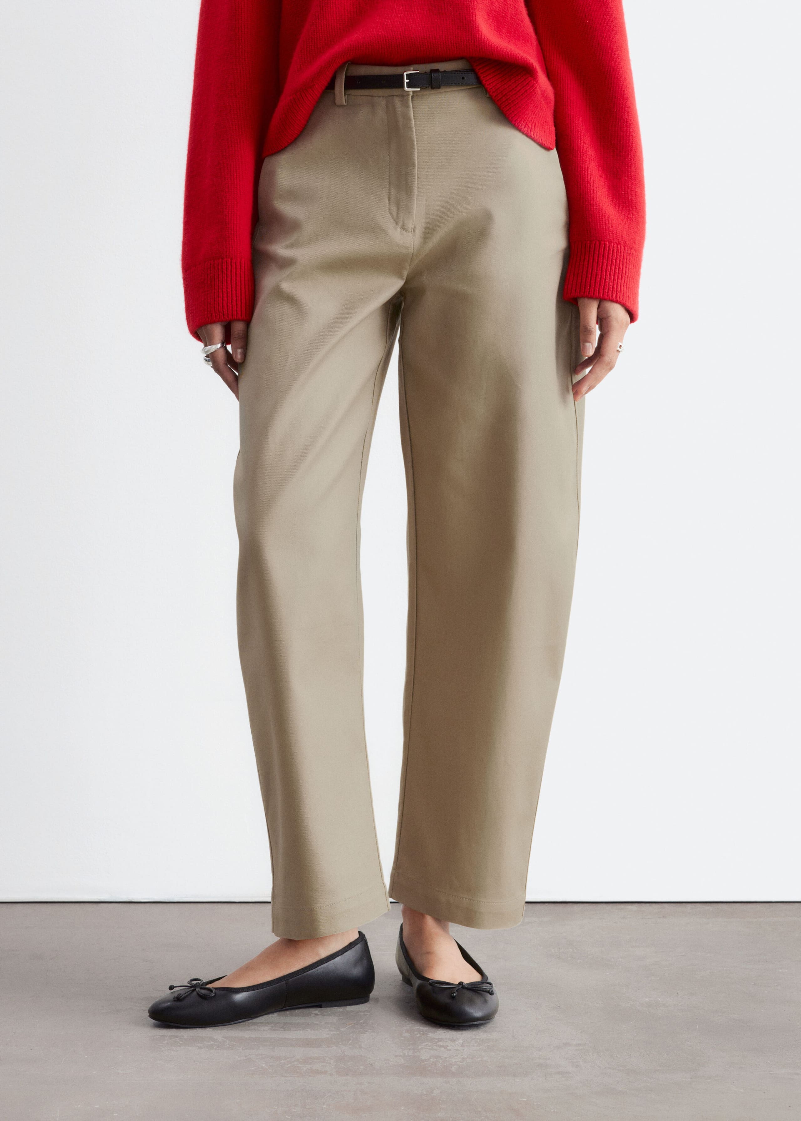 Cotton Twill Barrel Leg Trousers - Beige - Lookbook