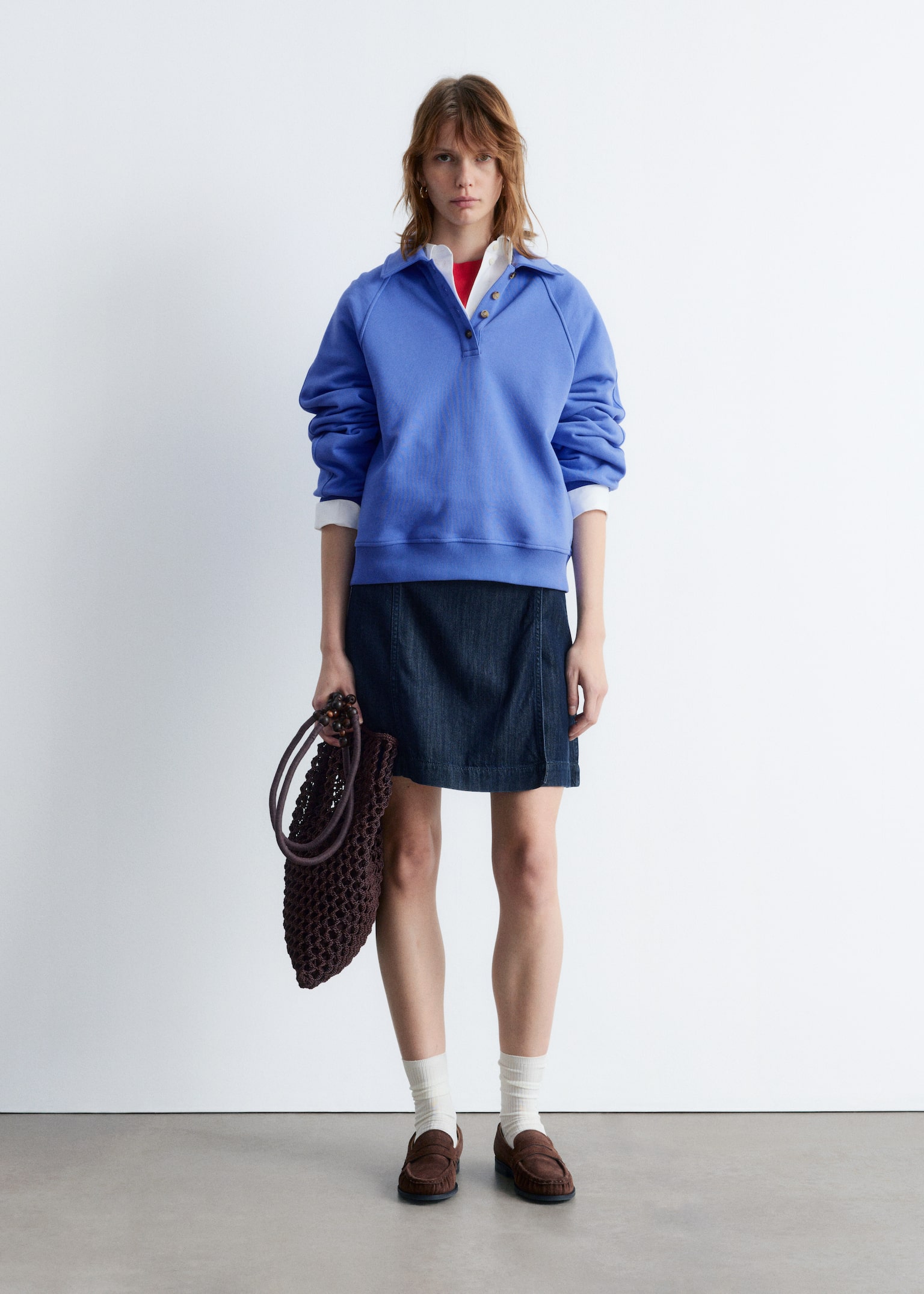 Collared Polo Sweatshirt - Bright Blue/Brown