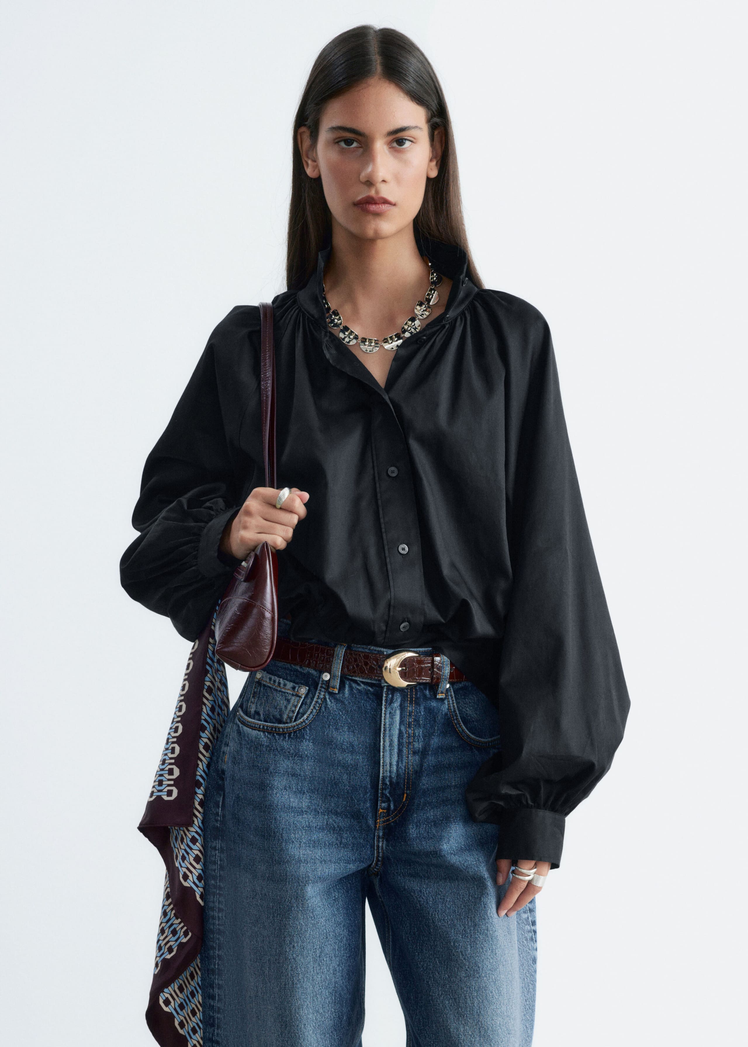 Batwing Sleeve Cotton Blouse - Black - Lookbook
