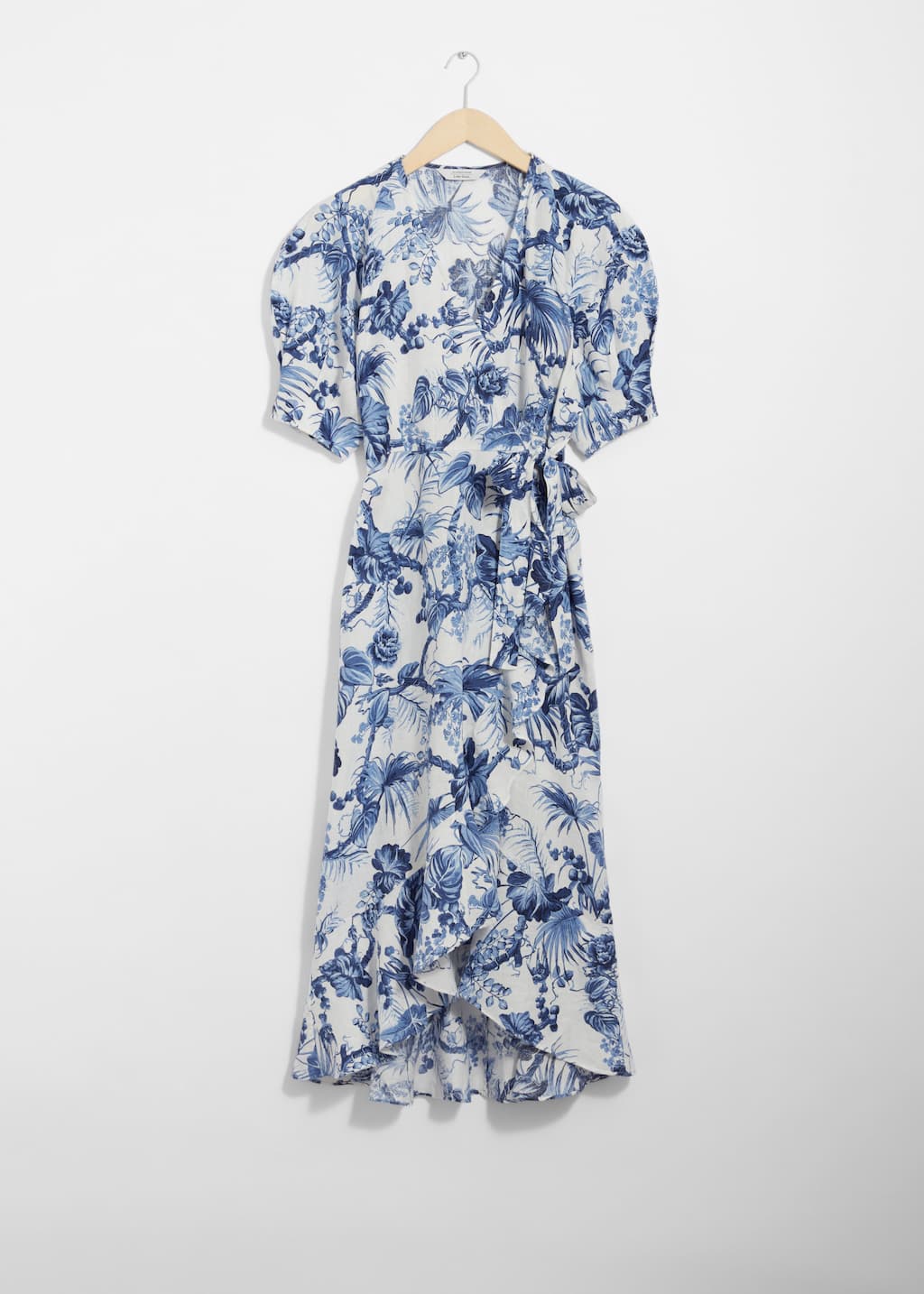 Vestido midi cruzado de lino - Floral azul - Bodegón