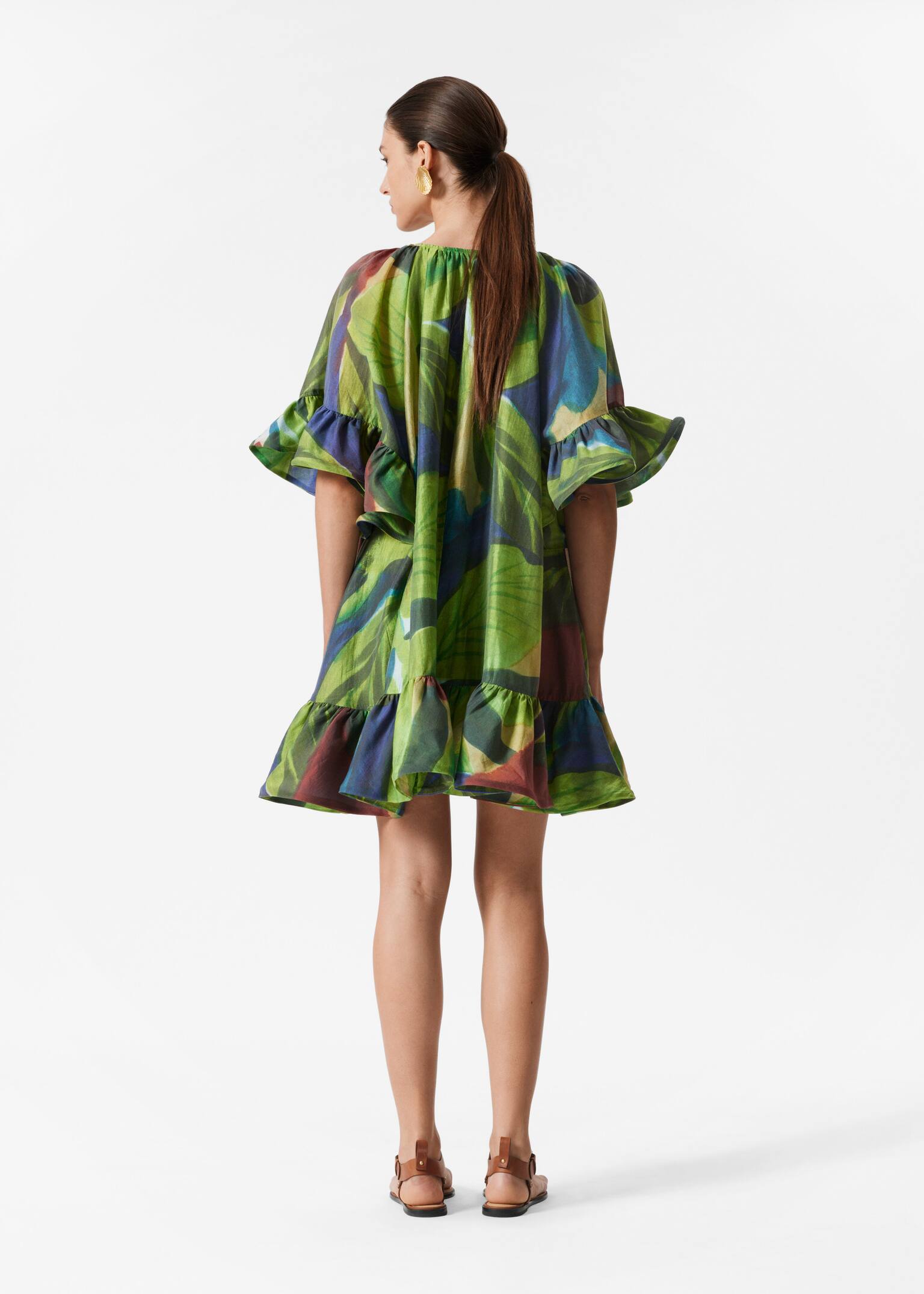 Robe courte à volants - Imprimé vert/Rouge foncé/Motif floral rose/rouge - 4