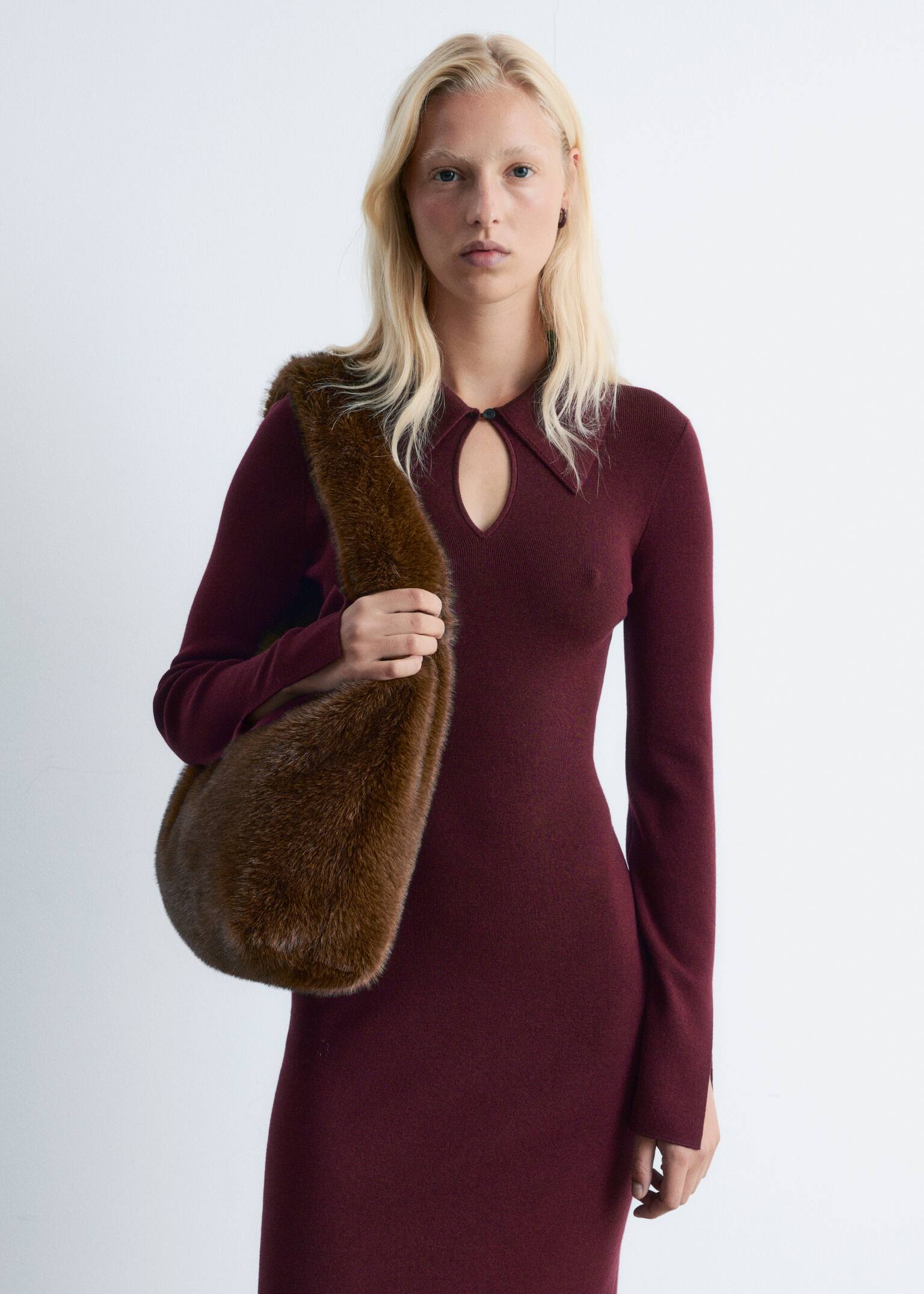 Knitted Wool Midi Dress - Burgundy - 3