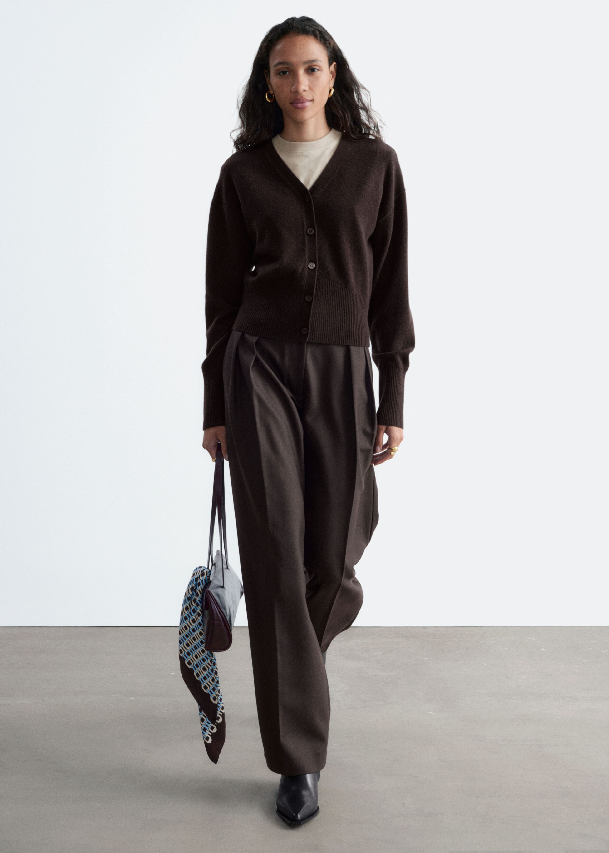 Wool Corset Rib Cardigan - Dark Brown - Lookbook