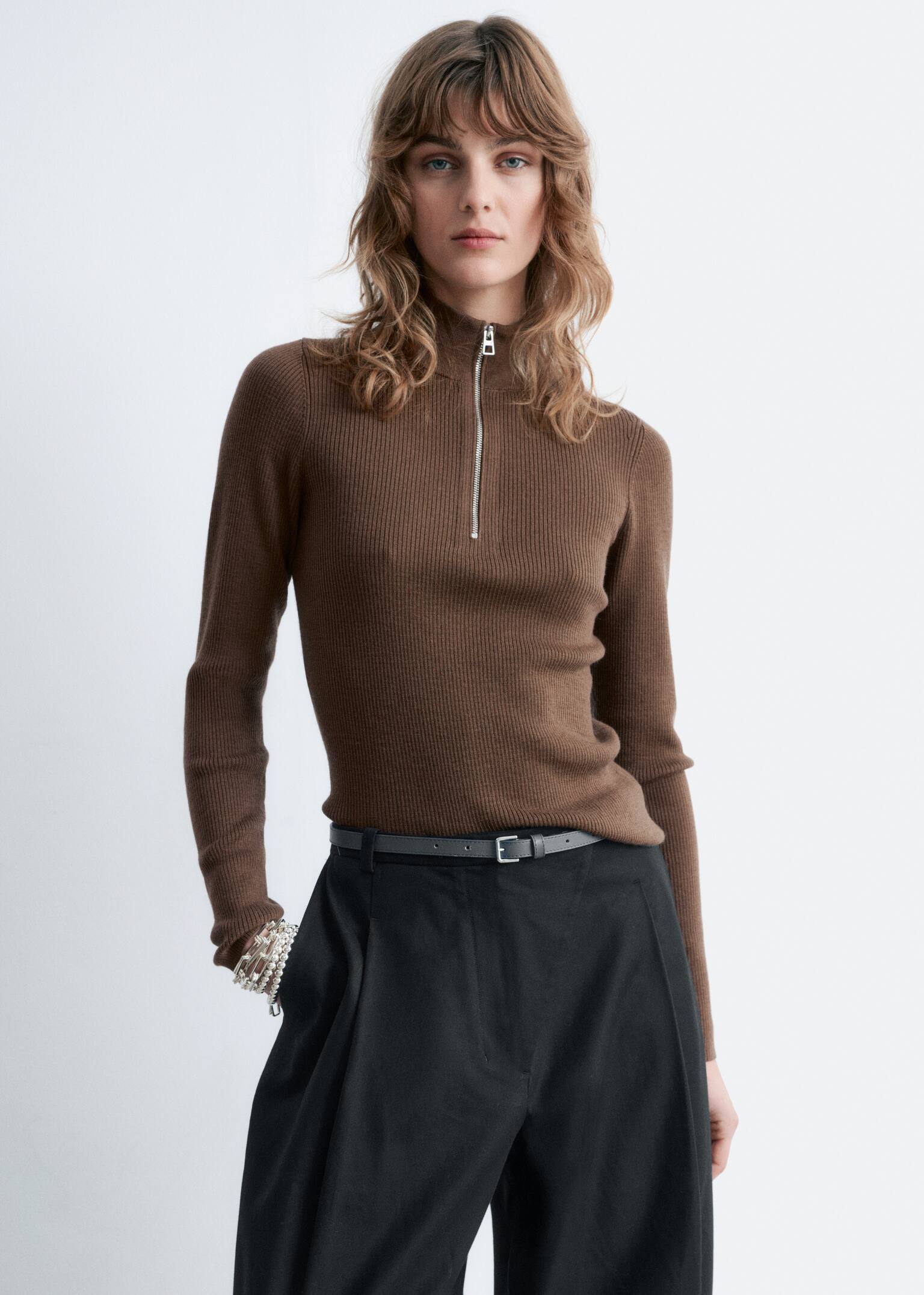 Maglione in lana con mezza zip - Marrone