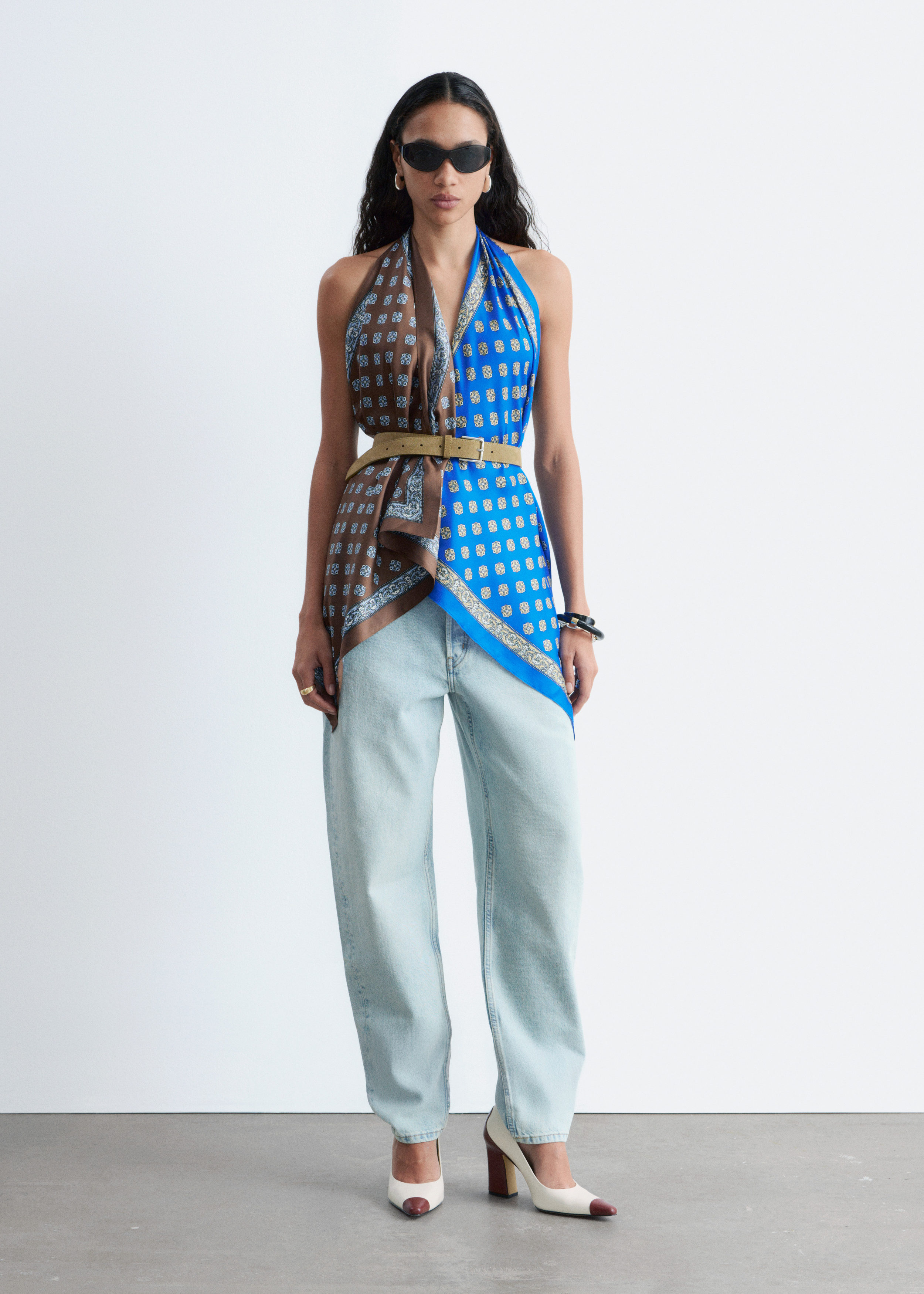 Silk Scarf Halter Top - Brown/Blue abstract print - & Other Stories US