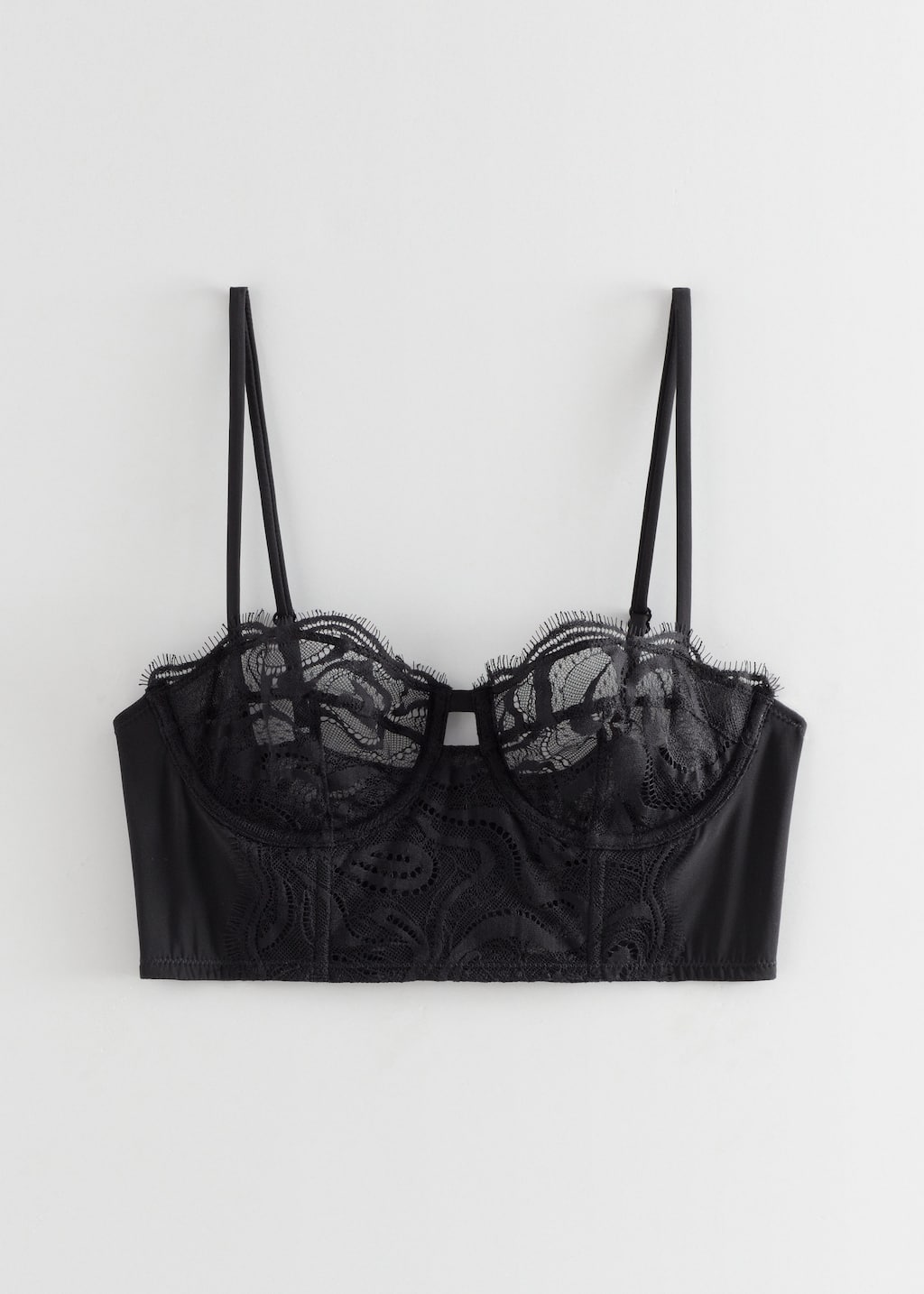 Besticktes Bügel-Bustier mit gekräuselter Spitze - Schwarz - Stillleben