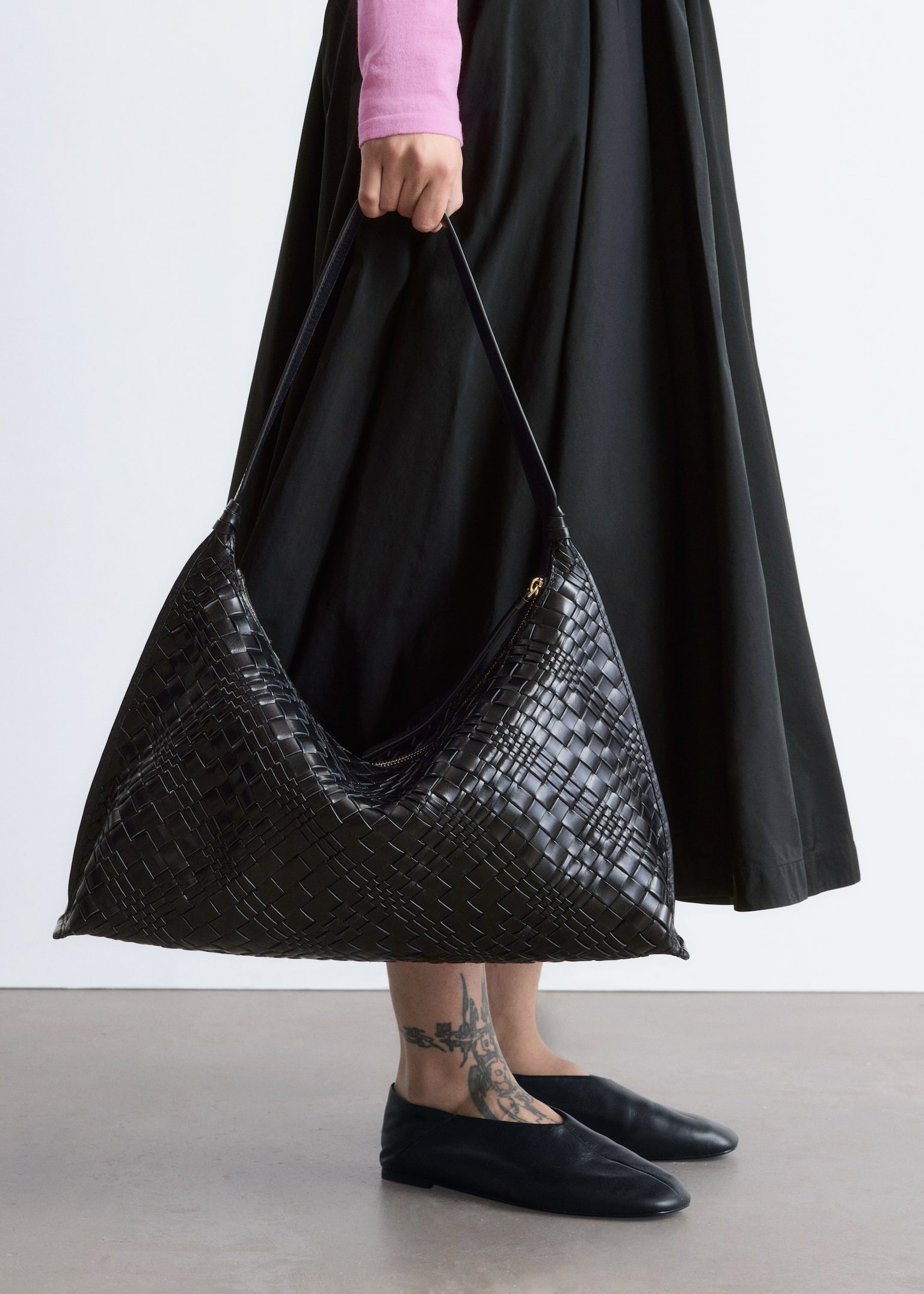 Tote bag en cuir entrelacé - Noir/Marron foncé - 4