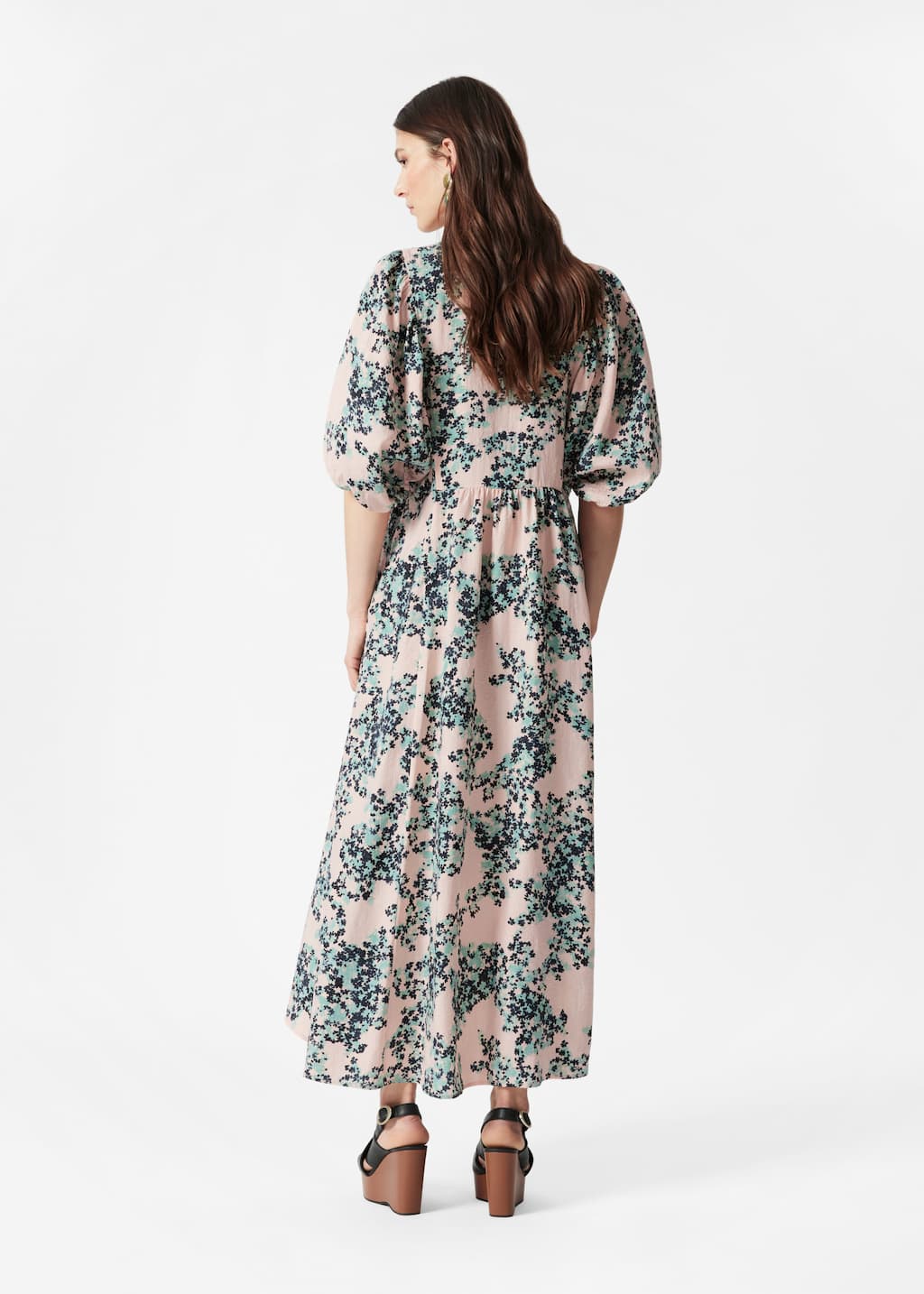 Robe longue à manches ballon - Motifs fleuris verts - Lookbook