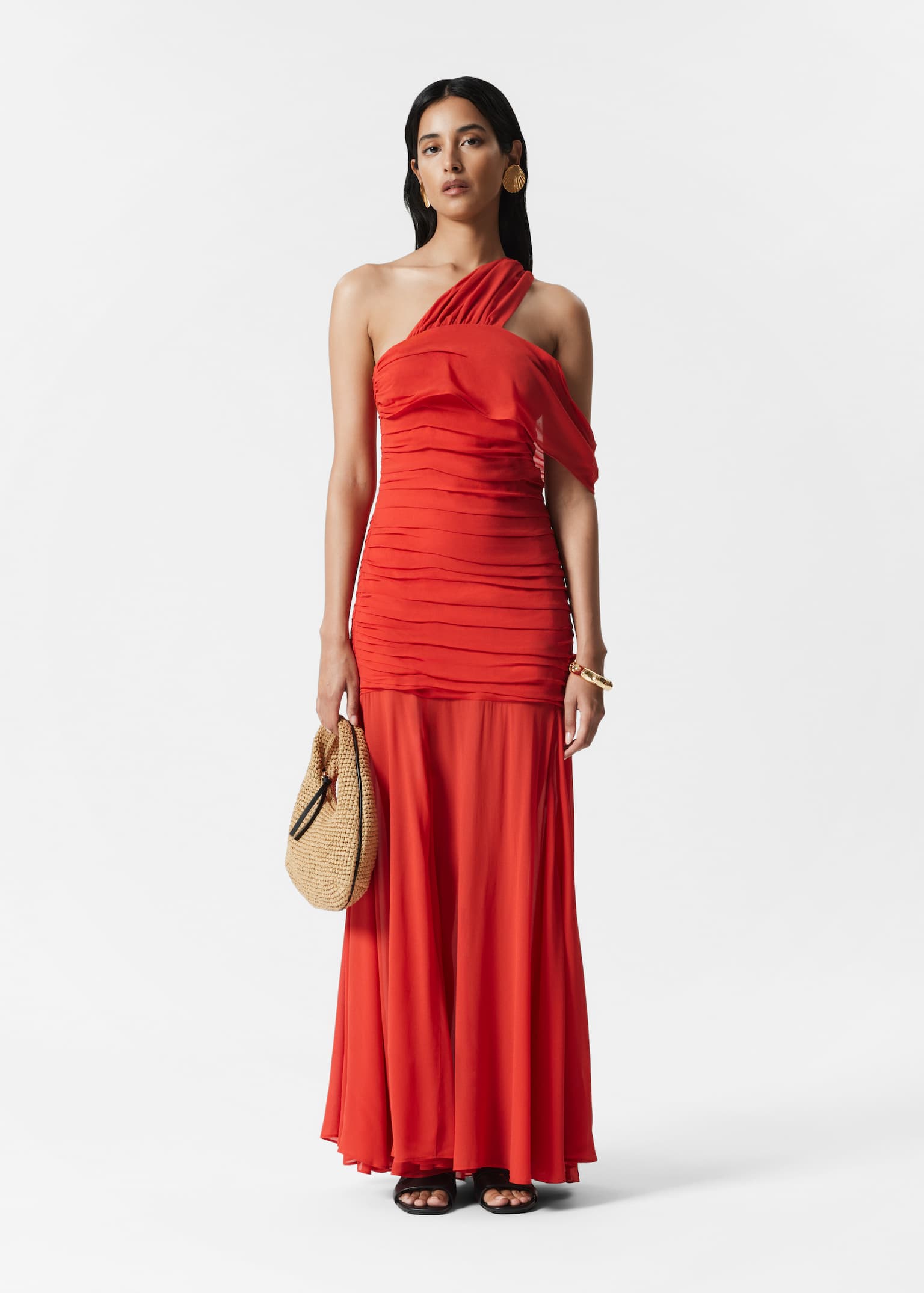 One-Shoulder Chiffon Maxi Dress - Red