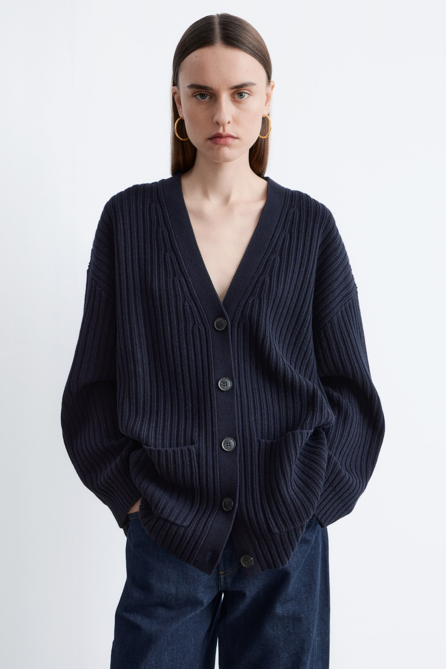 Bordás kötött kardigán - Sötétkék - 2