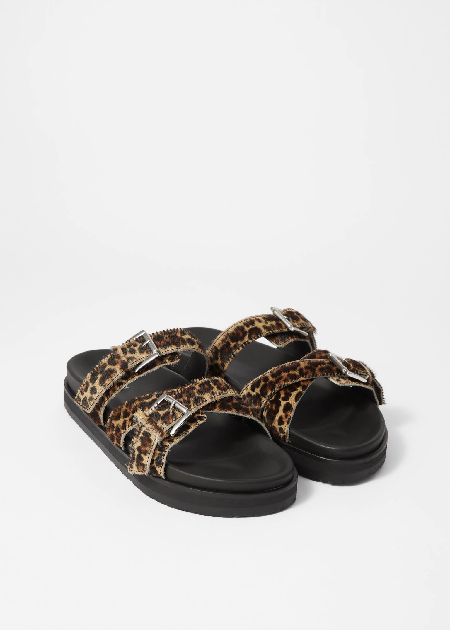 Sandales en cuir à brides croisées - Fausse fourrure léopard/Cuir brun - 4