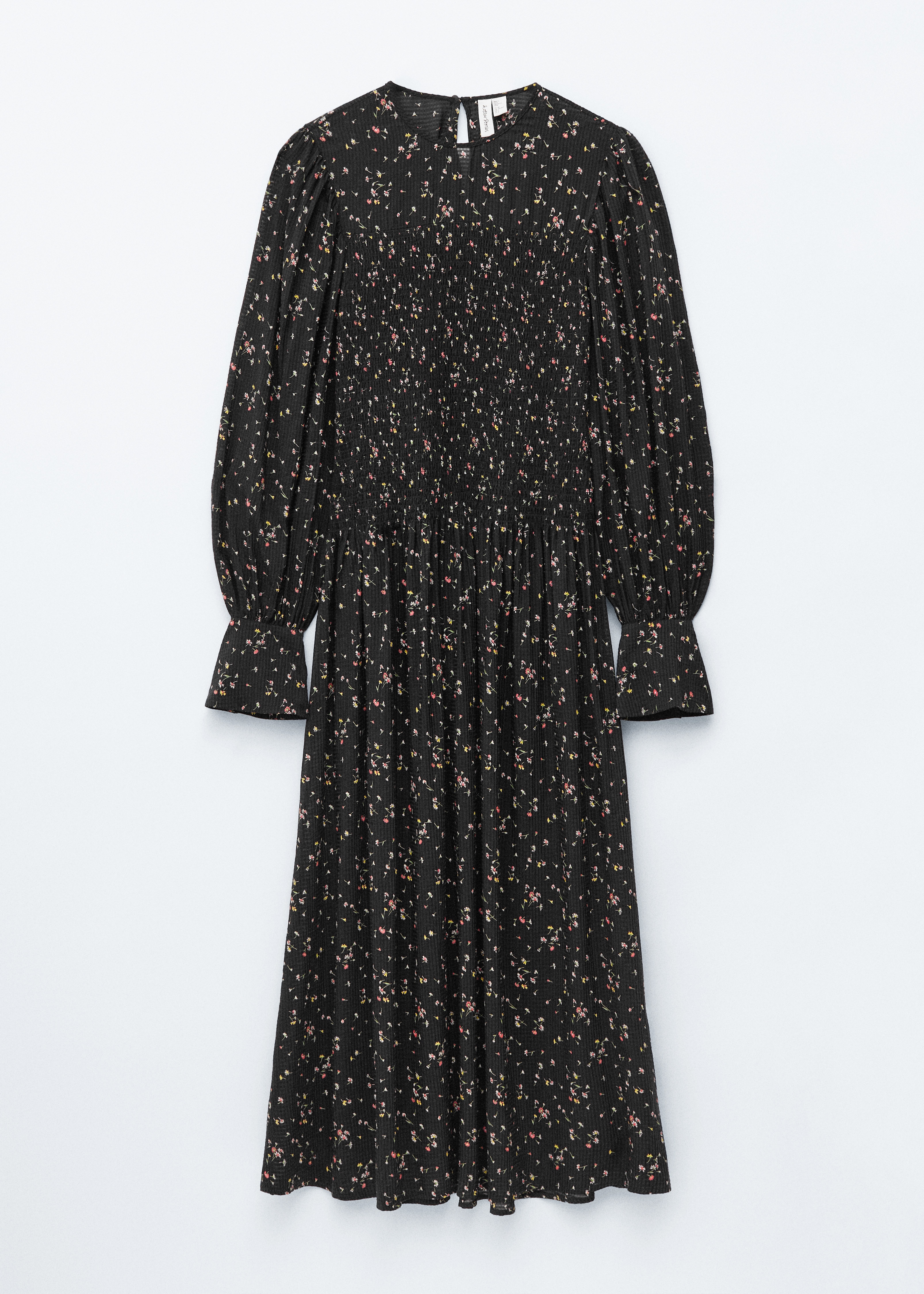 Vestido midi com mangas balão e franzidos - Padrão preto/floral