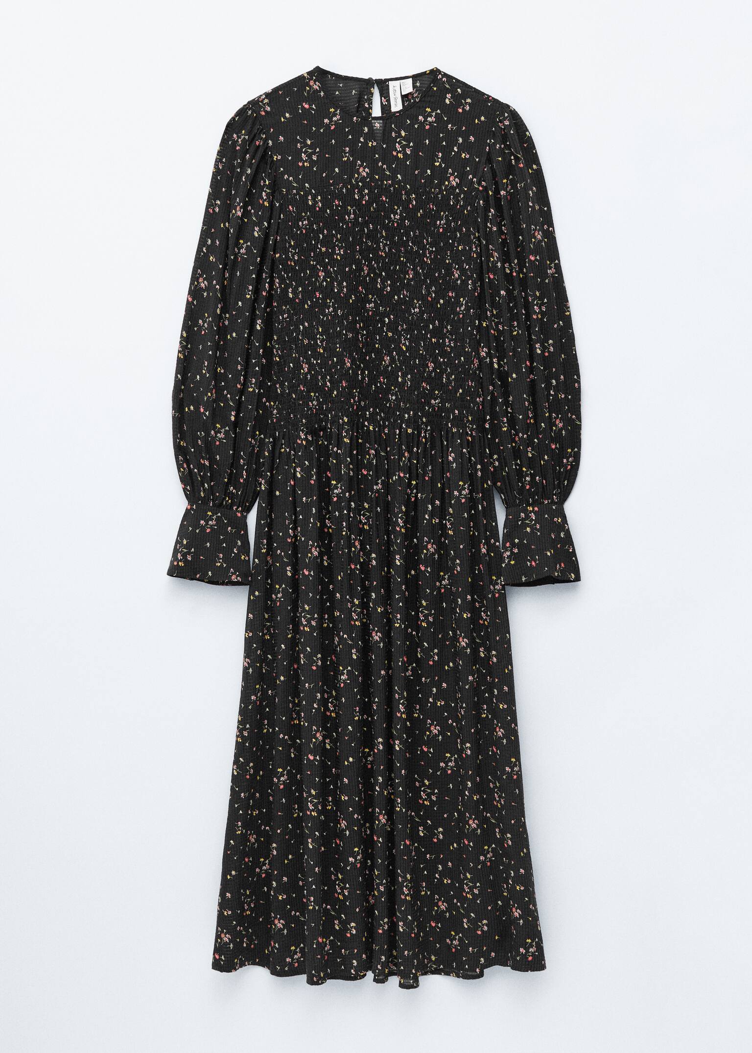 Smocked Balloon-Sleeve Midi Dress - Black/Floral Pattern - 2