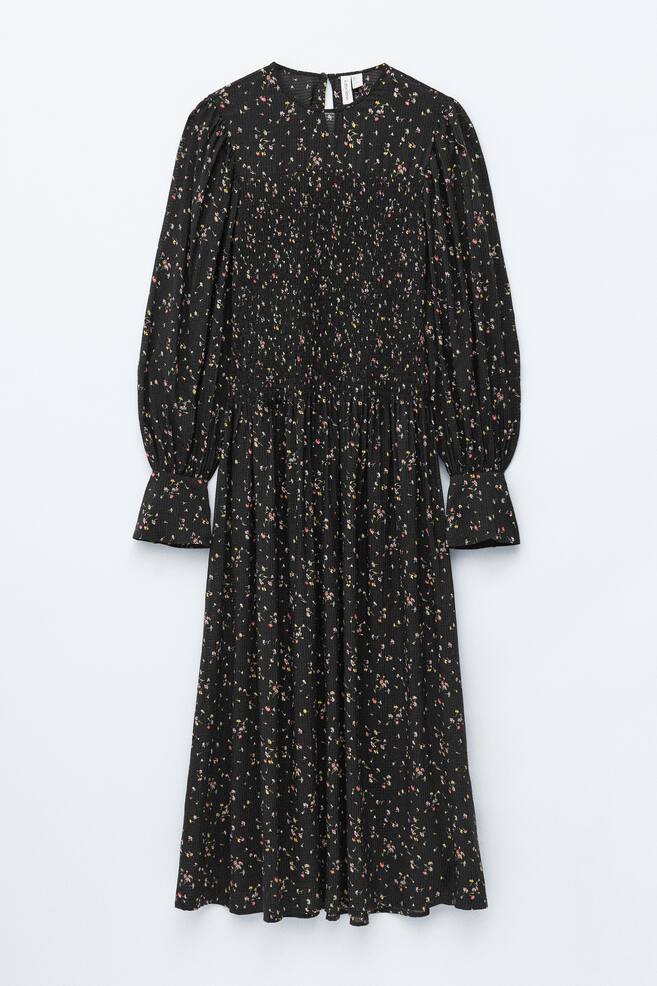 Vestido midi fruncido abeja con mangas abullonadas - Negro/Estampado floral - 1