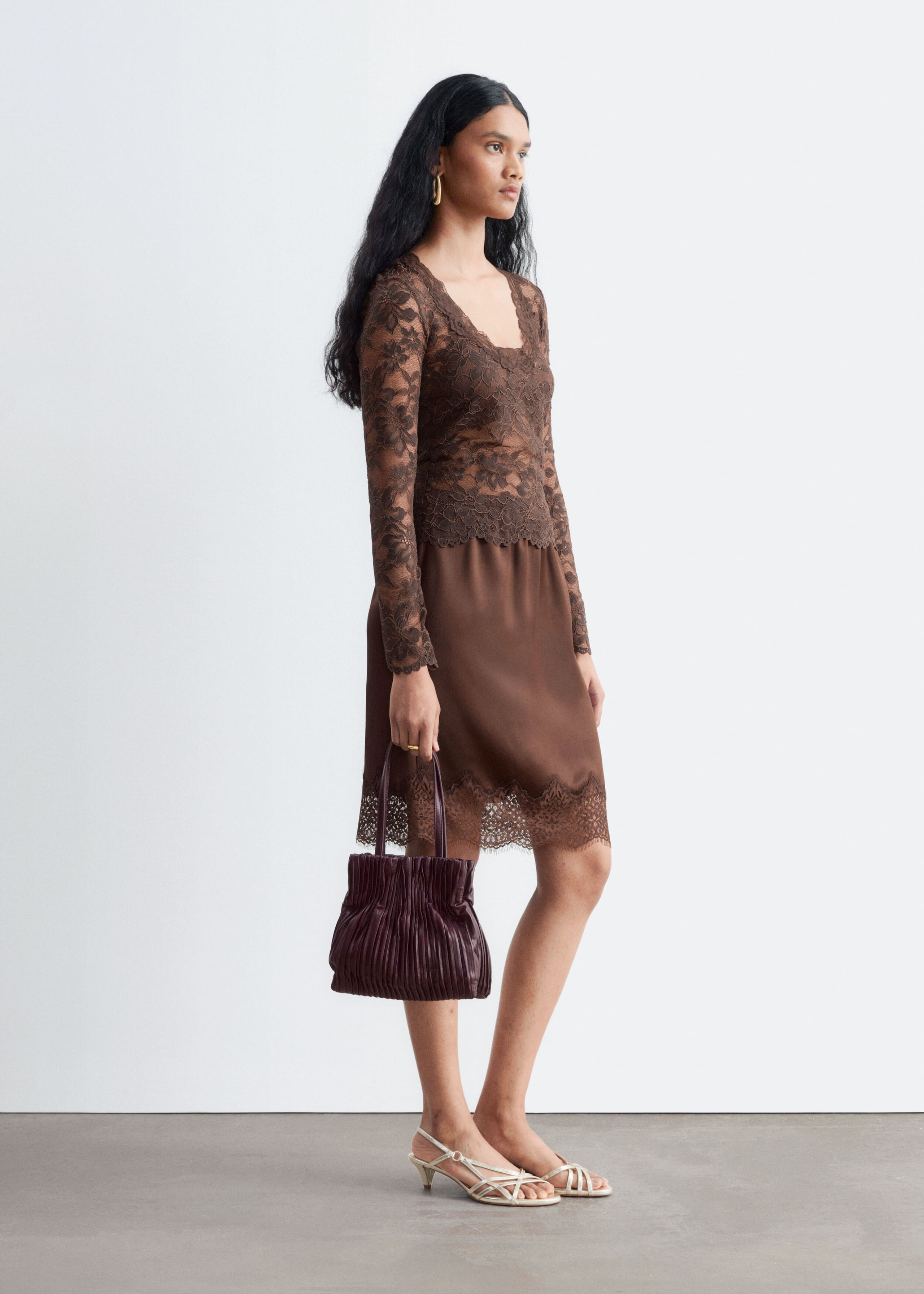 Lace-Trim Satin Skirt Brown