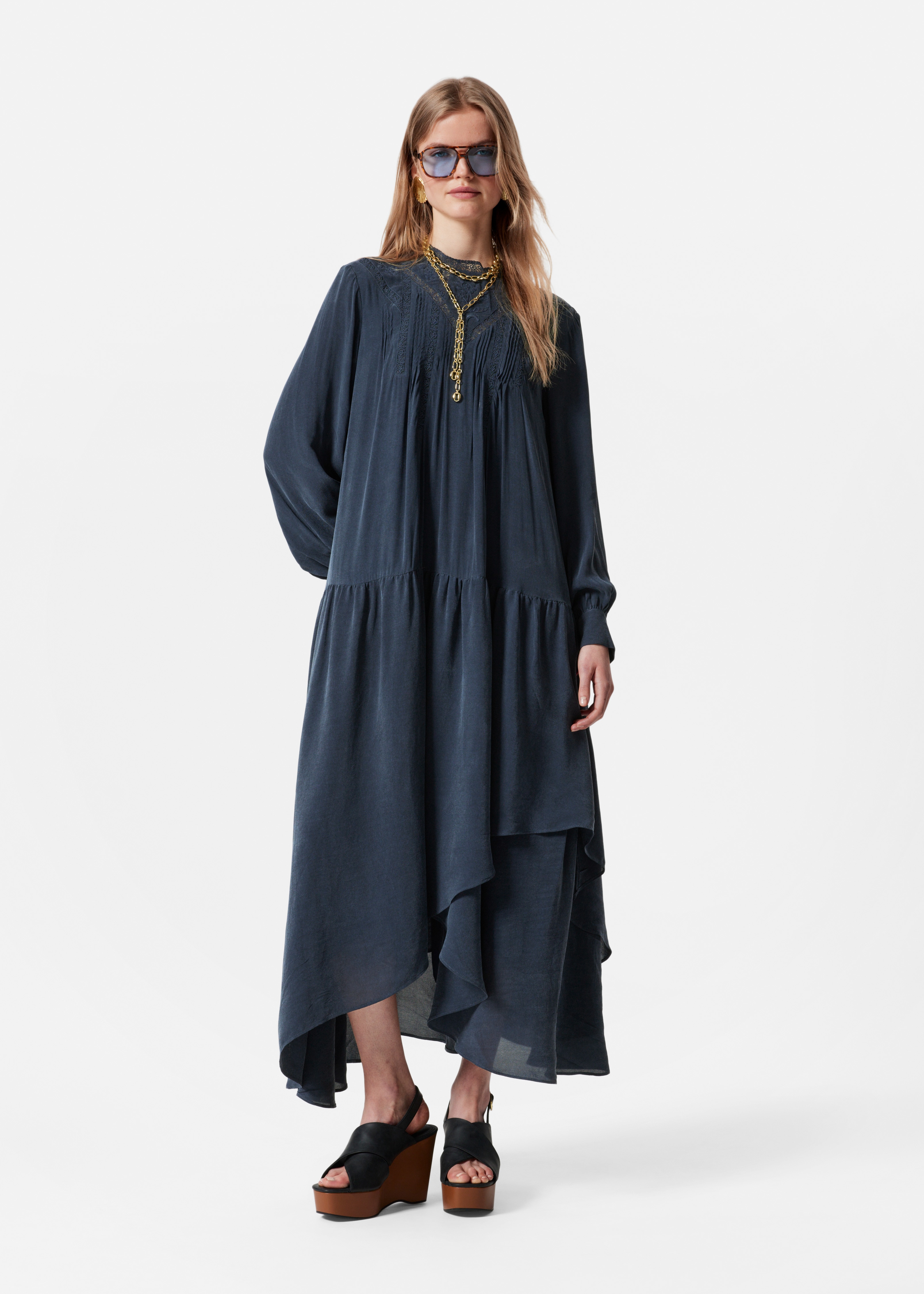 Maxi šaty z krajky - Tmavě modrá/Žlutá