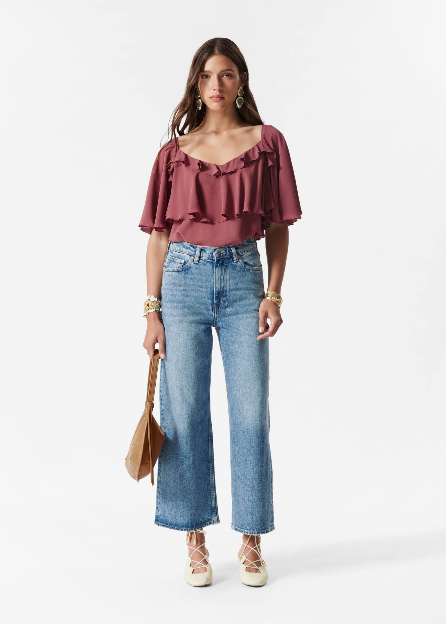 Blusa con volantes - Rojo oscuro/Azul claro - 3