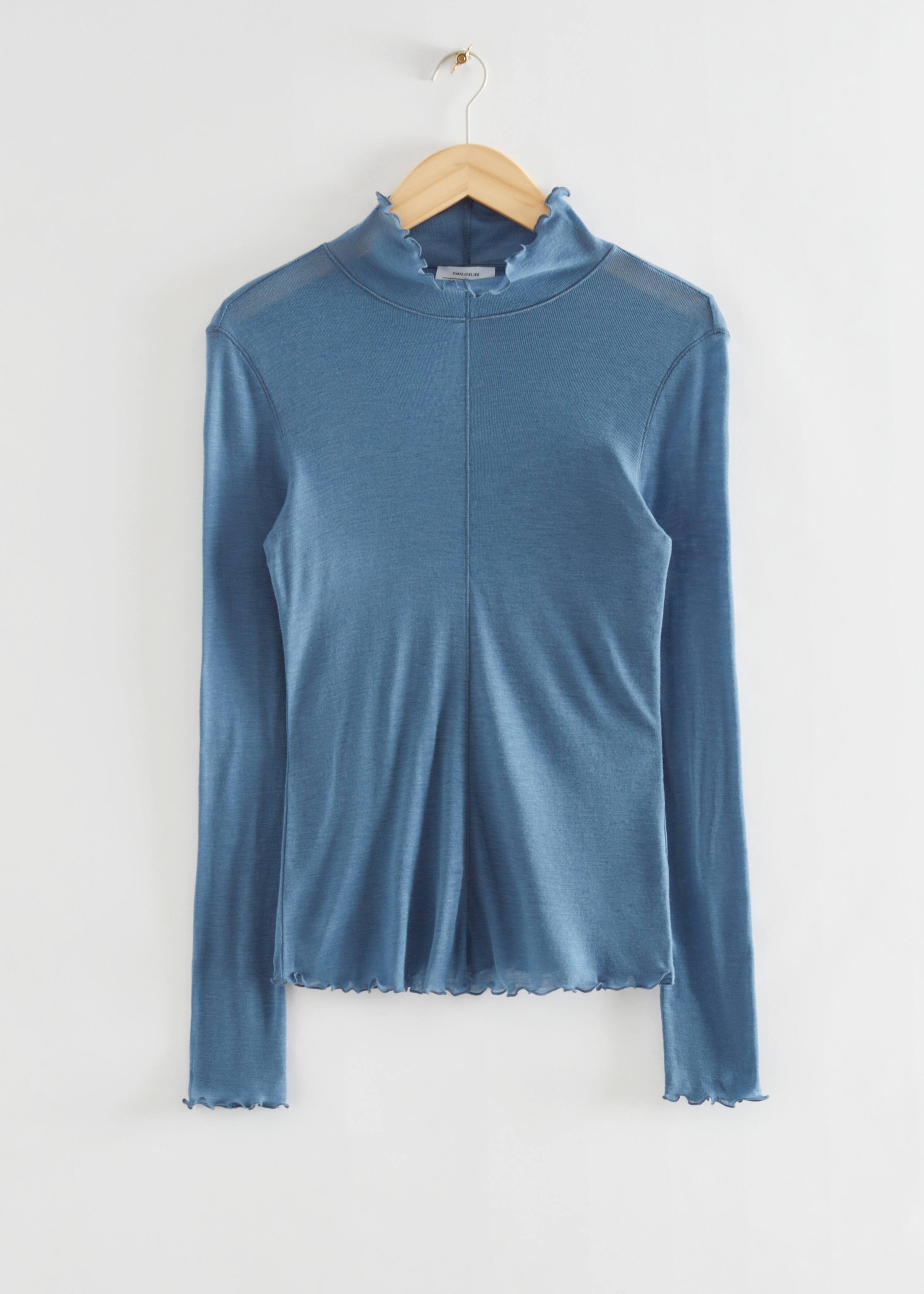 Frilled Tight Mock Neck Top - Blue - Still Life