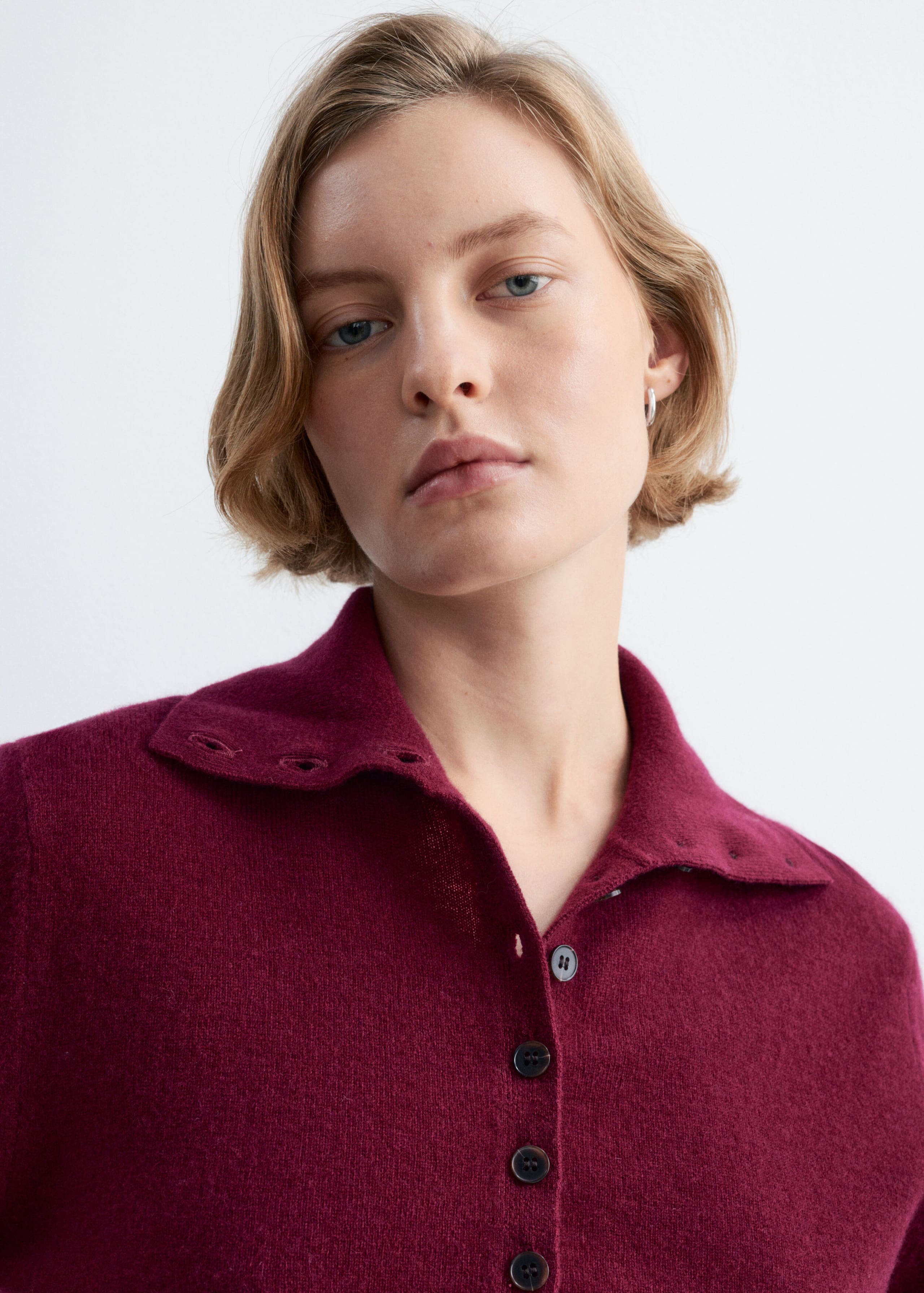 High-Neck Wool Cardigan Burgundy