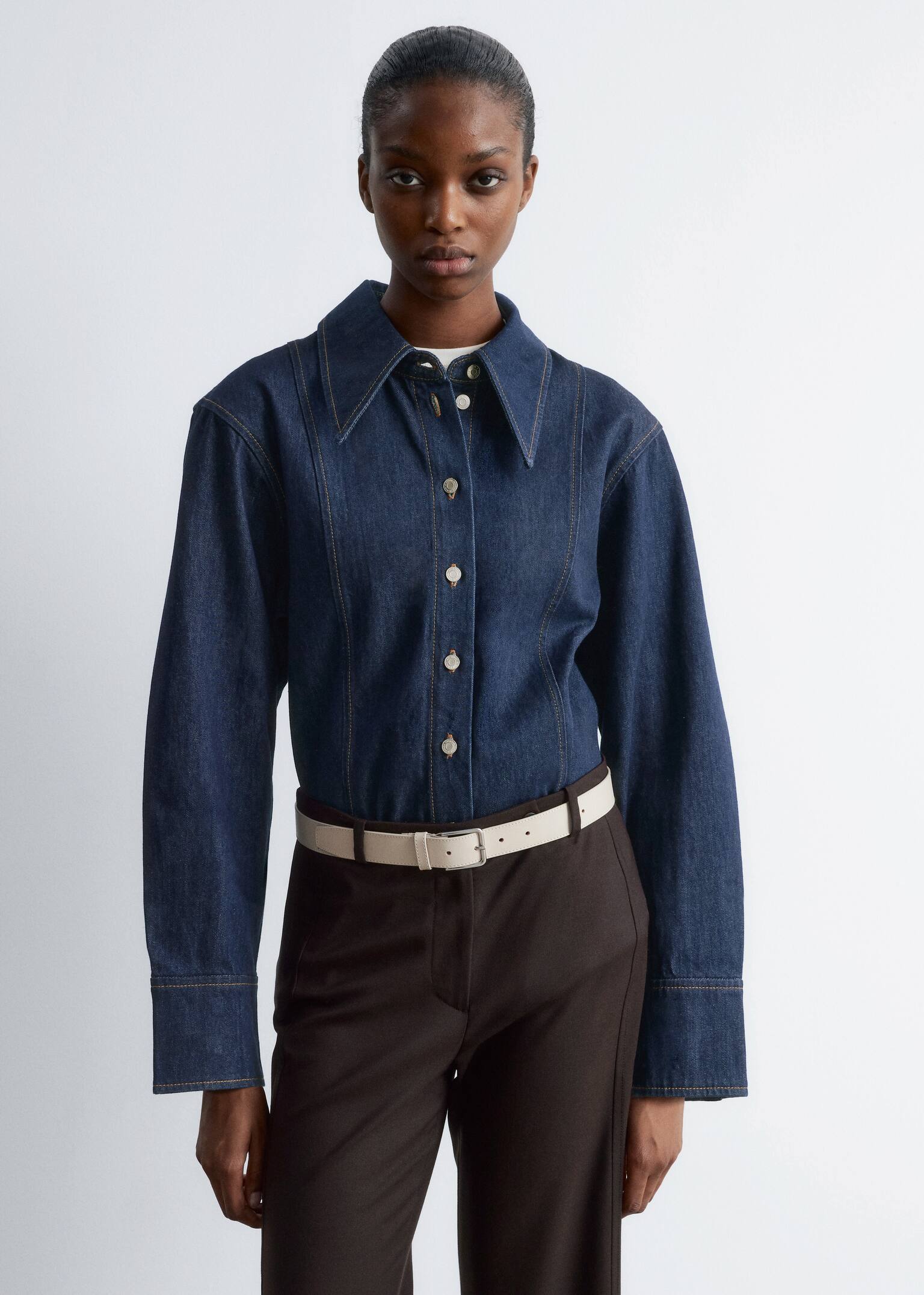 Denim rok met gestikte naden - Middenblauw