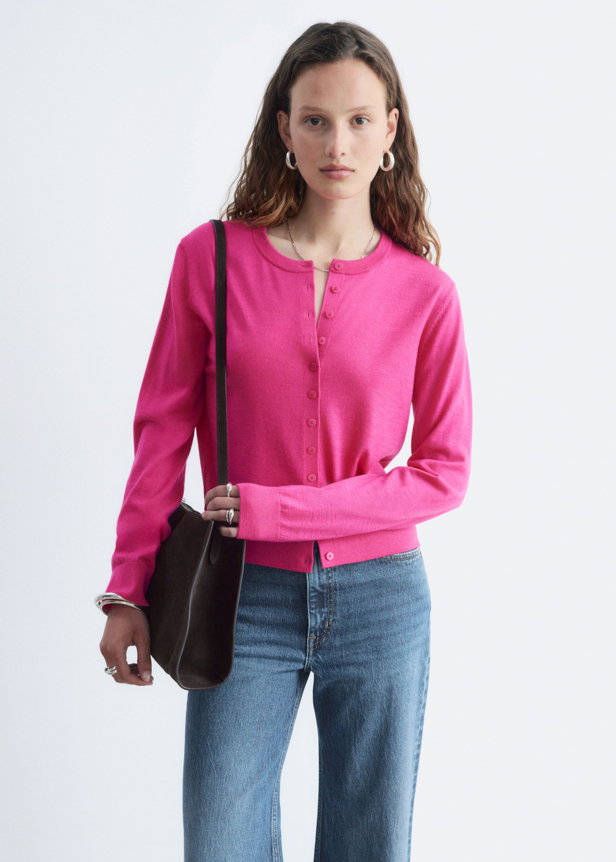 Plain-Knit Wool Cardigan - Bright Pink - Still Life