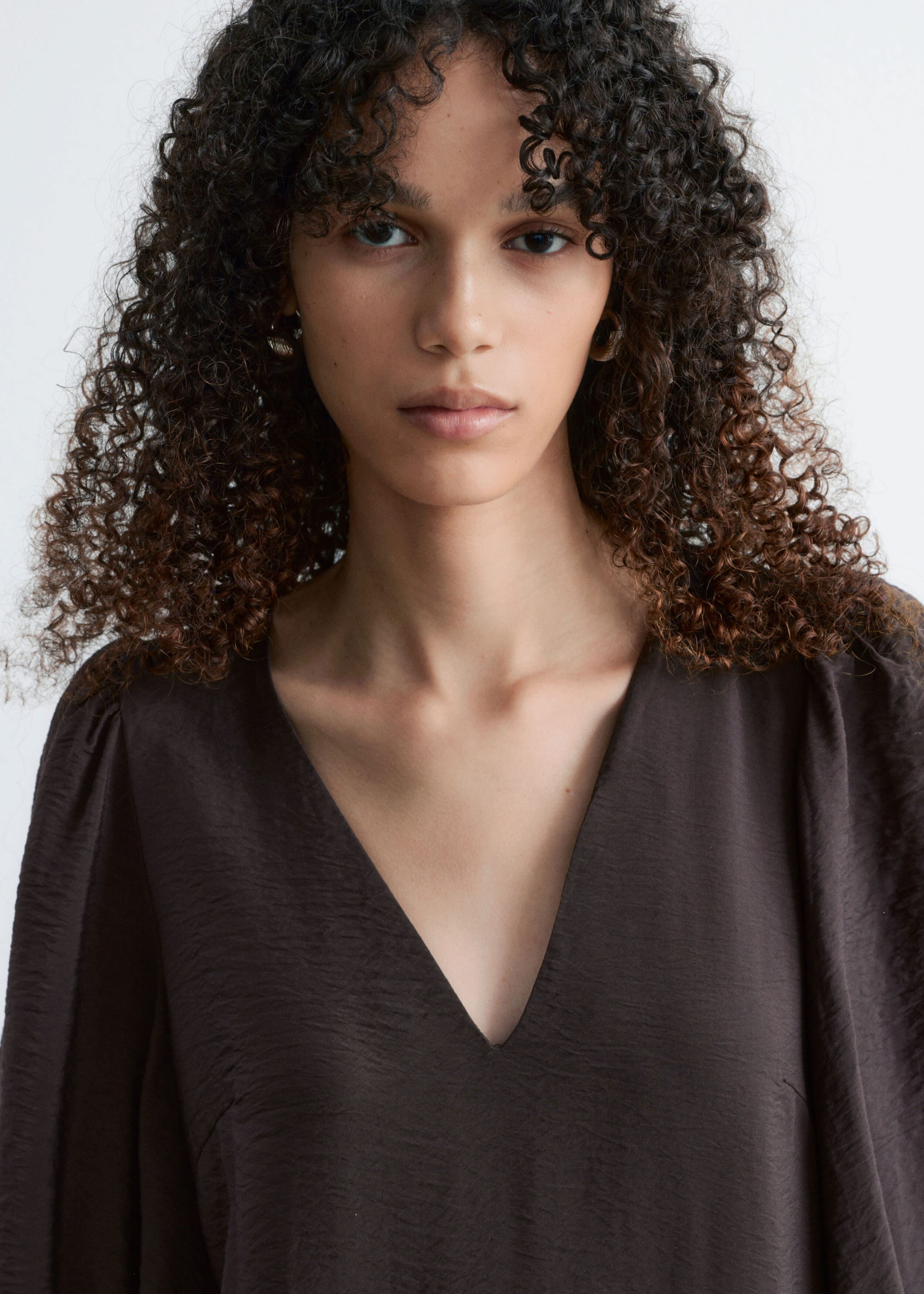 Image of Puff-Sleeve V-Neck Midi Dress