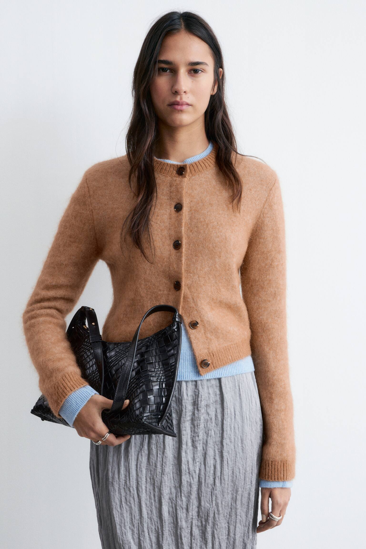 Cardigan i børstet mohairblend - Kamel/Fersken/Sort/Lys turkis - 7